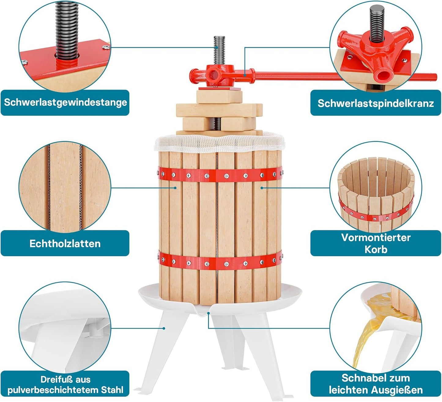 18L Obstpresse aus Buchenholz, 18 l + 1 Presstuch Manuell