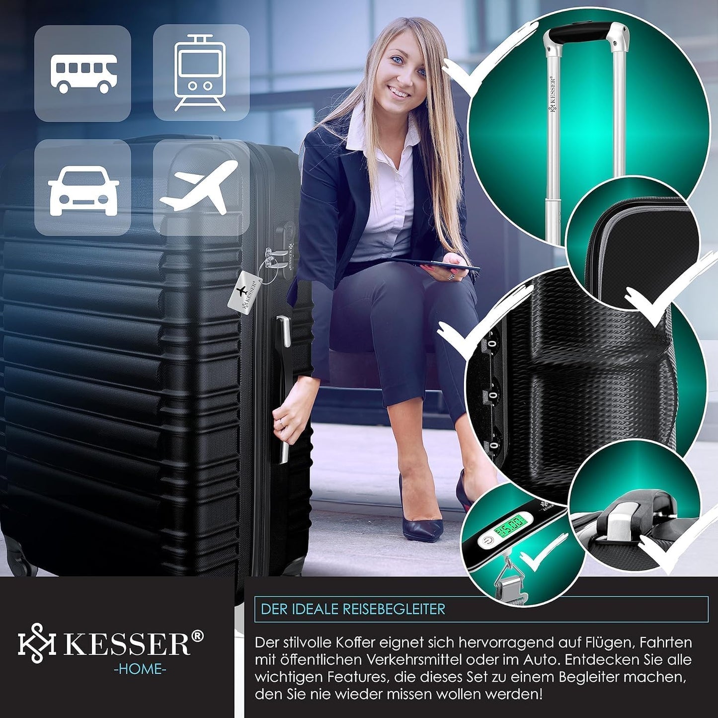 Reisekoffer mit Zahlenschloss und Kofferwaage, Schwarz / 75cm – 120L