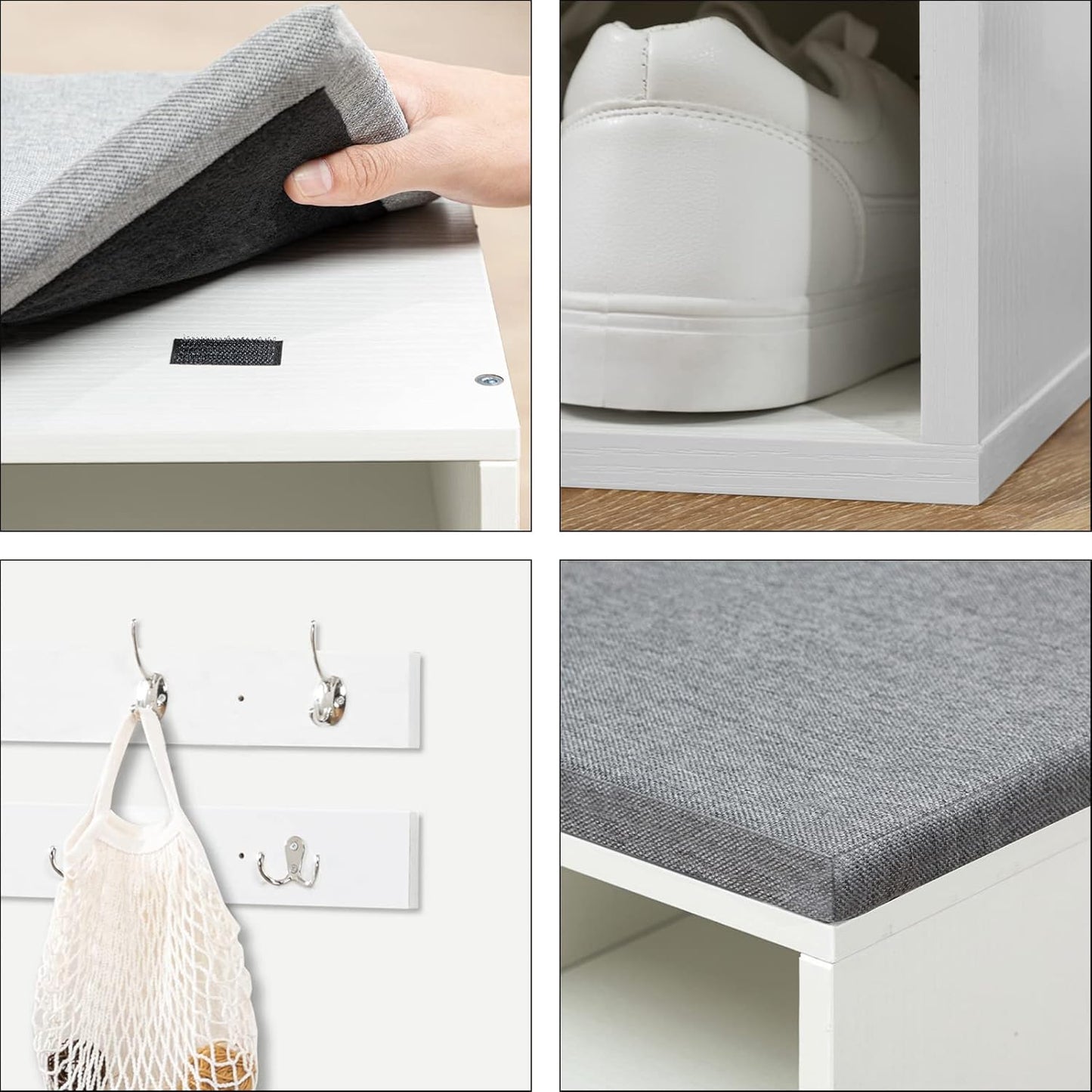 Garderobe-Schuhregal-Set mit Schuhbank und Hakenleiste, Weiss + Grau 100 x 30 x 48 cm (L x W x H)