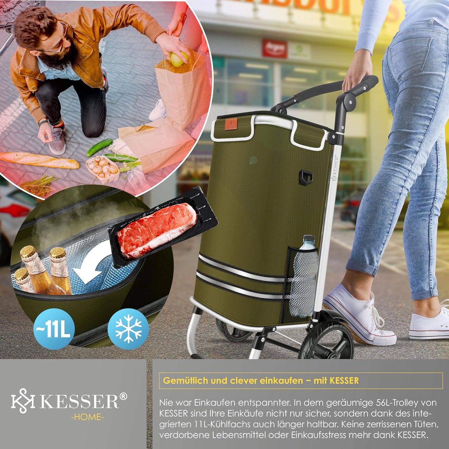 3-in-1 Einkaufstrolley mit Kühlfach & Einkaufschip, Khaki