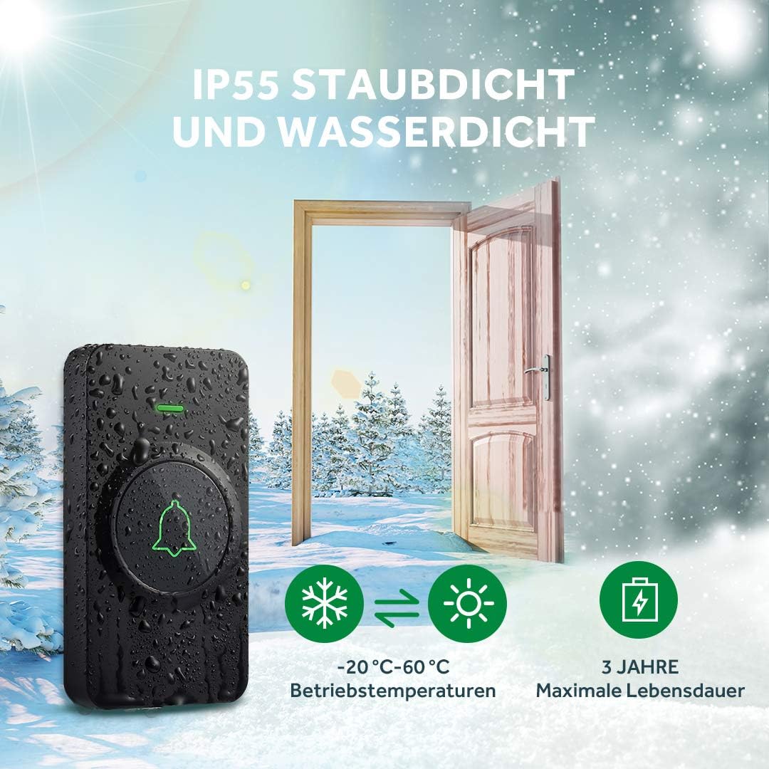 Funkklingel mit 52 Melodien und LED-Anzeige, Schwarz