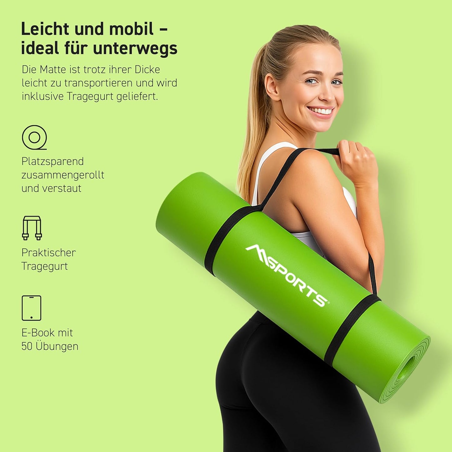 Gymnastikmatte Premium mit Tragegurt & Übungsposter, Lindgrün 190 x 100 x 1,5 cm