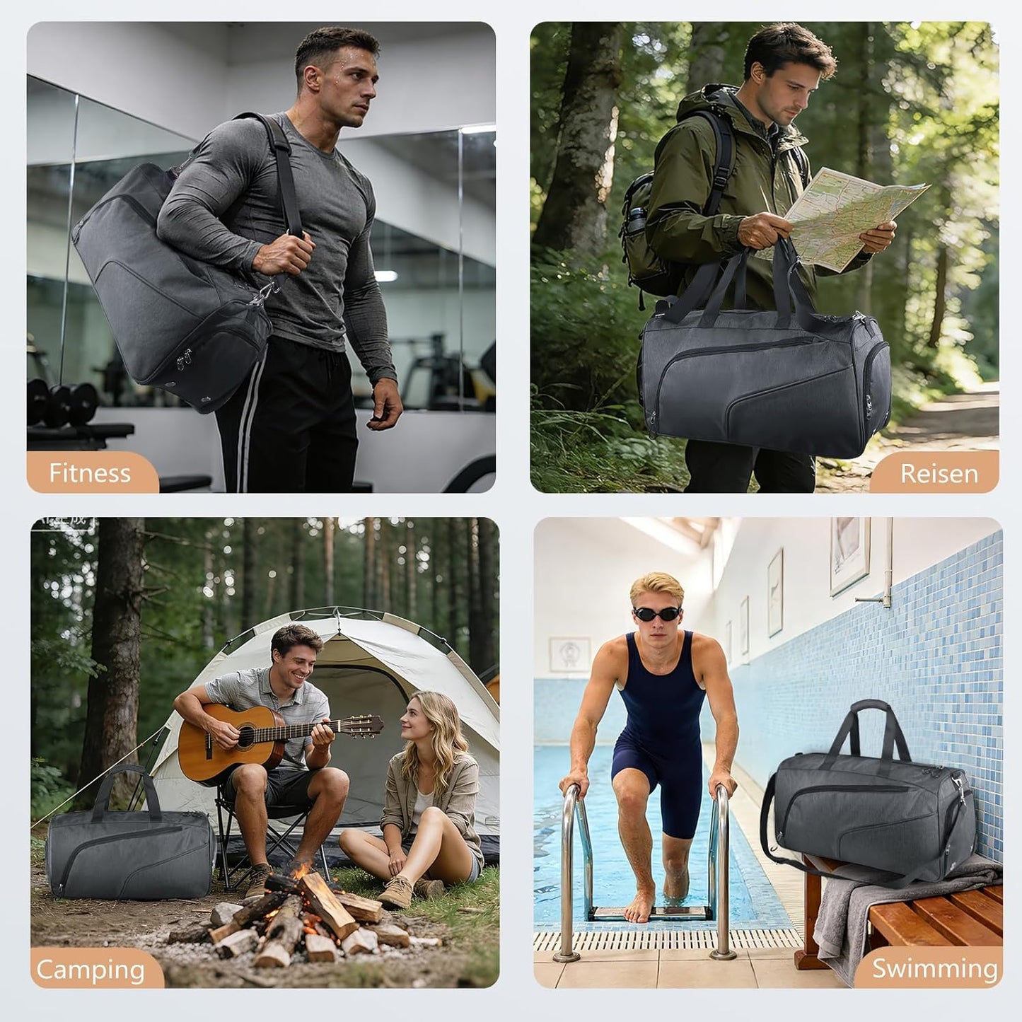 Sporttasche mit Schuh- und Nassfach, 40L, Grau