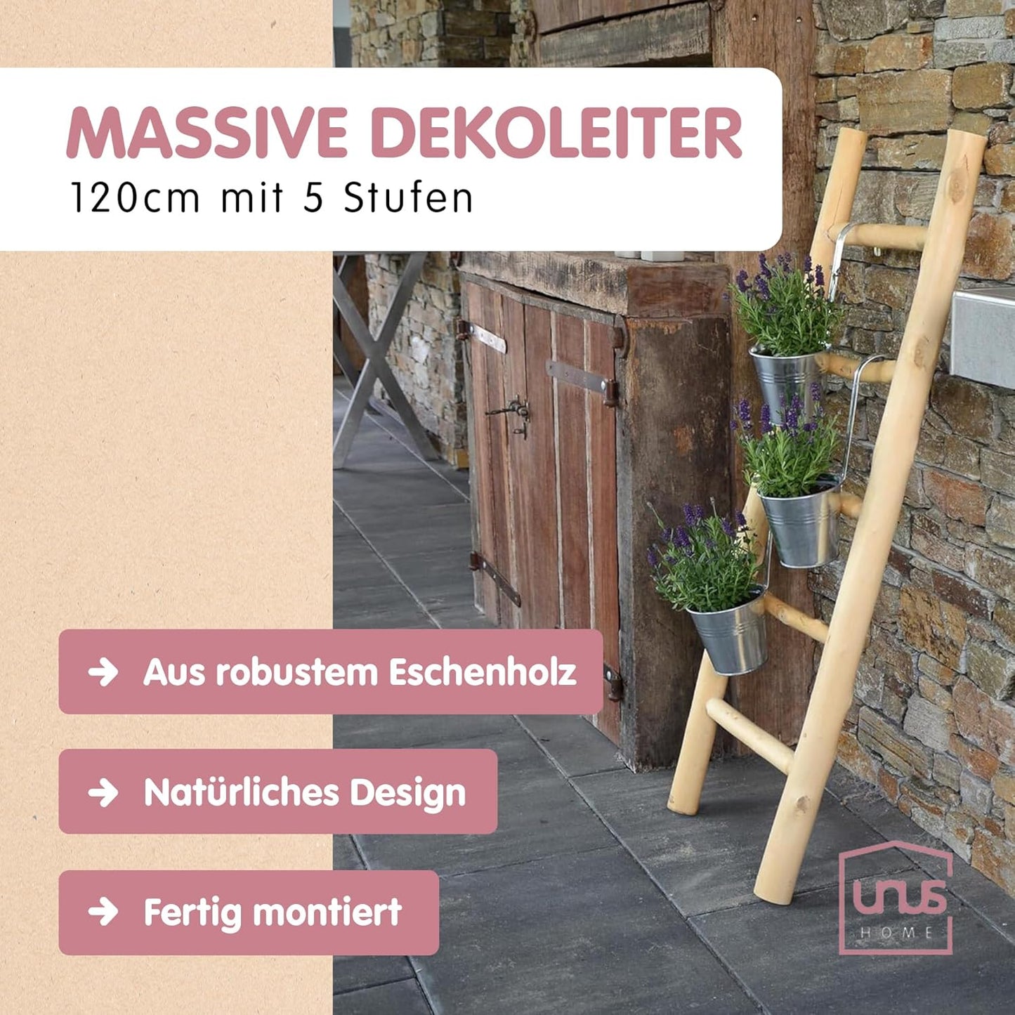 Dekoleiter Holz 120cm, 5 Stufen, Handtuchhalter, Natur 120 cm
