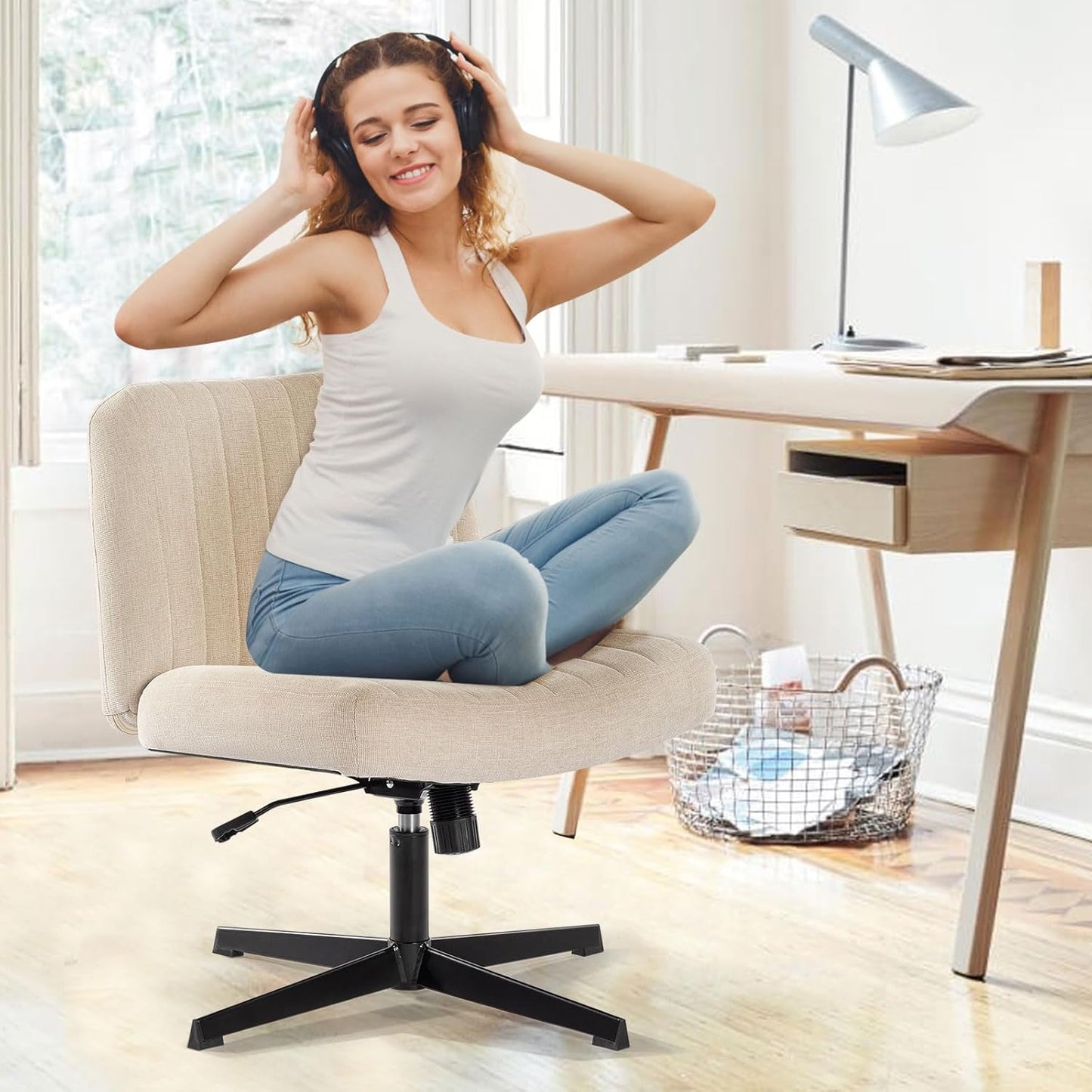 Höhenverstellbarer Schneidersitz-Stuhl ohne Rollen, Beige Keine Rädern