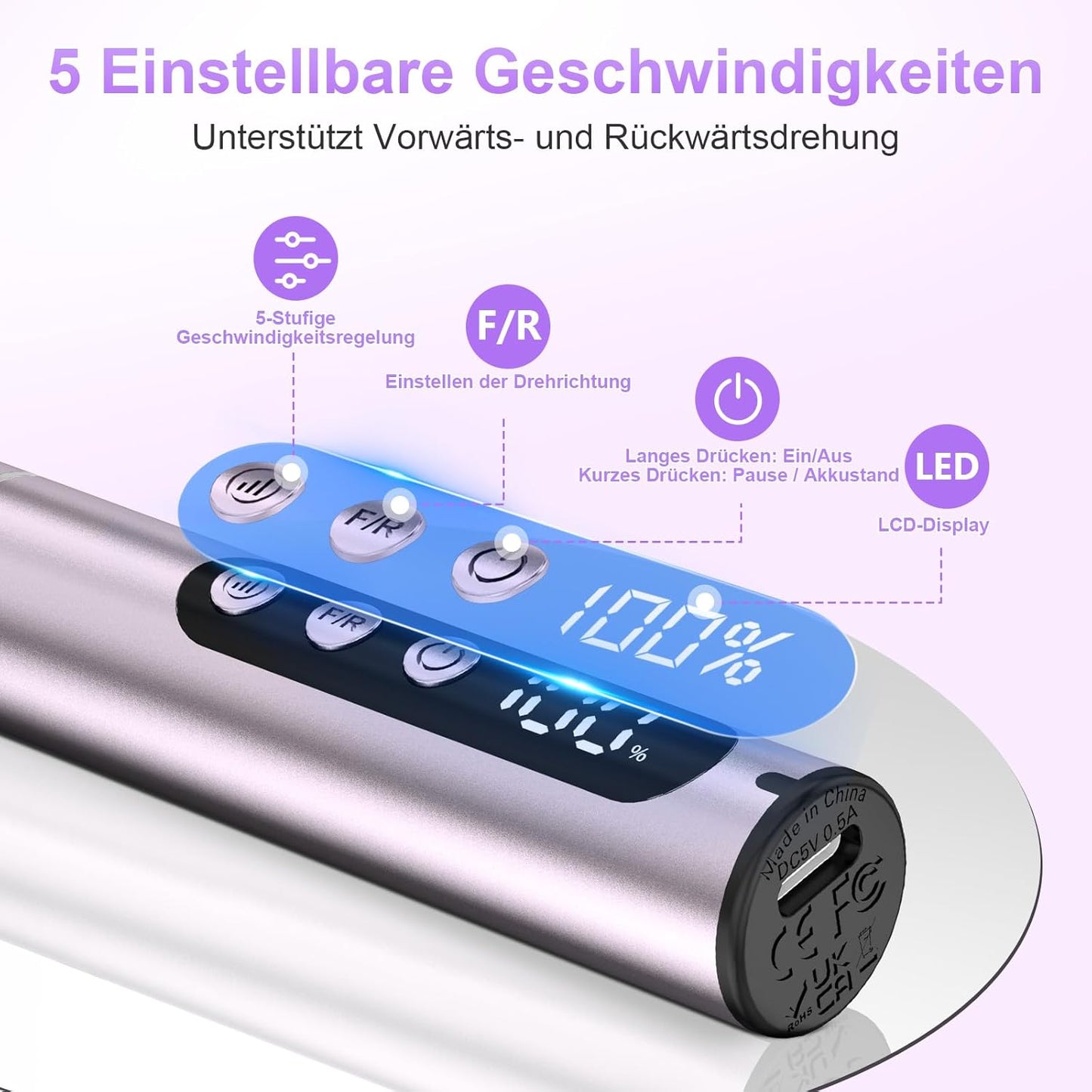 Nagelfräser mit 5 Geschwindigkeiten, Lila