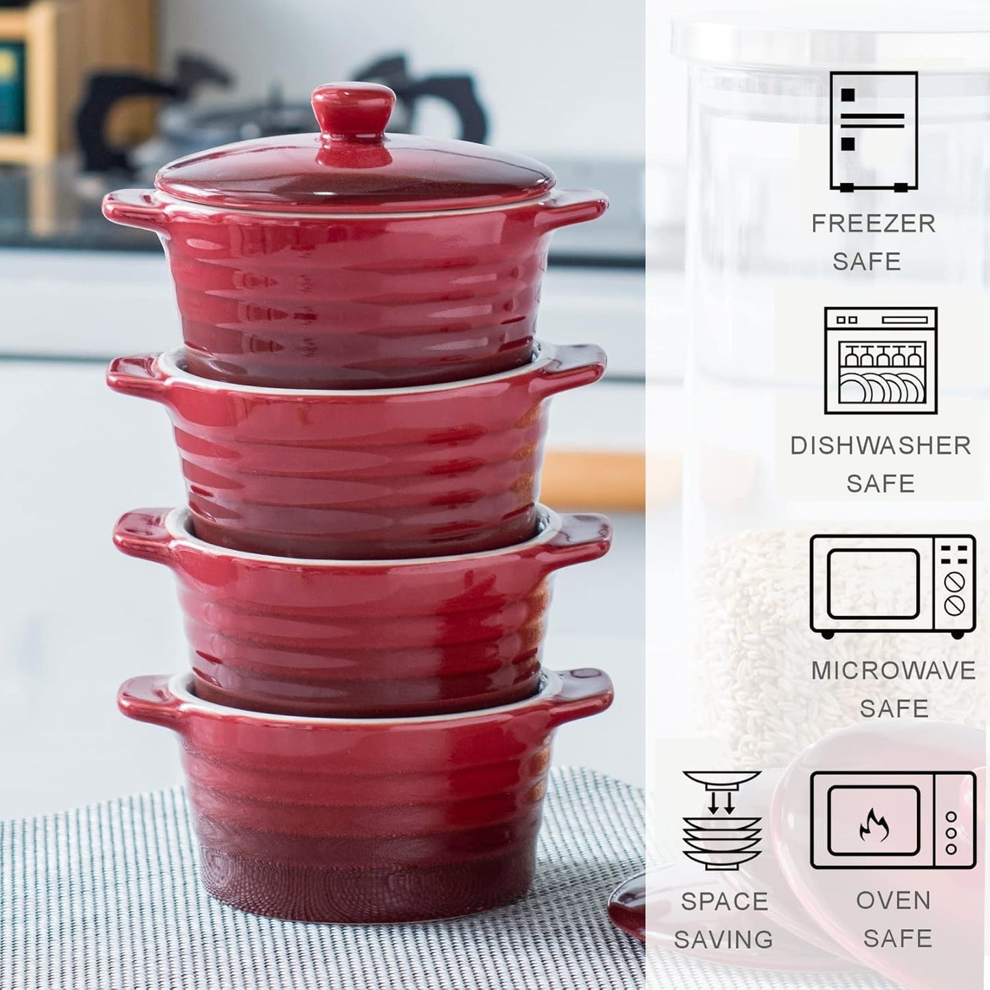4er-Set Soufflé Förmchen mit Deckel, 250ml, Rot