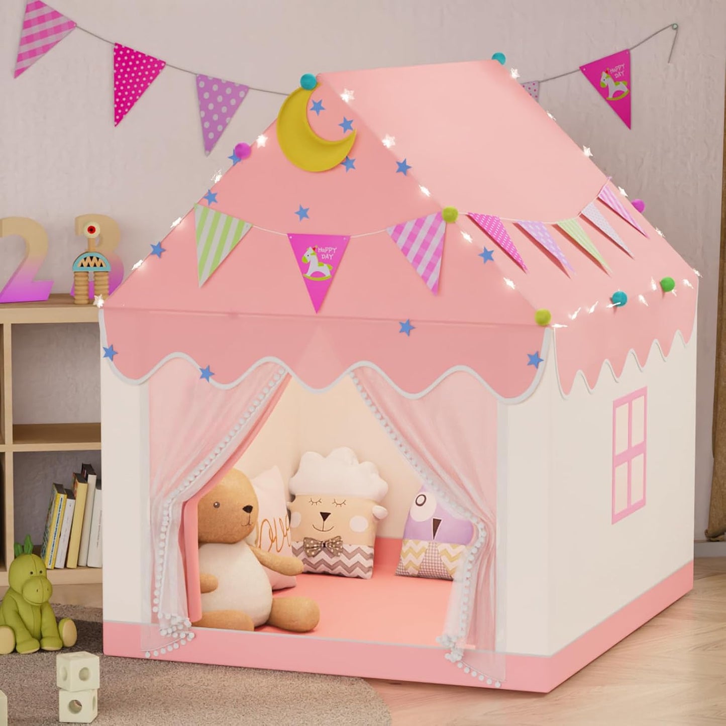 Spielzelt Kinder Indoor mit LED-Lichtern, Rosa