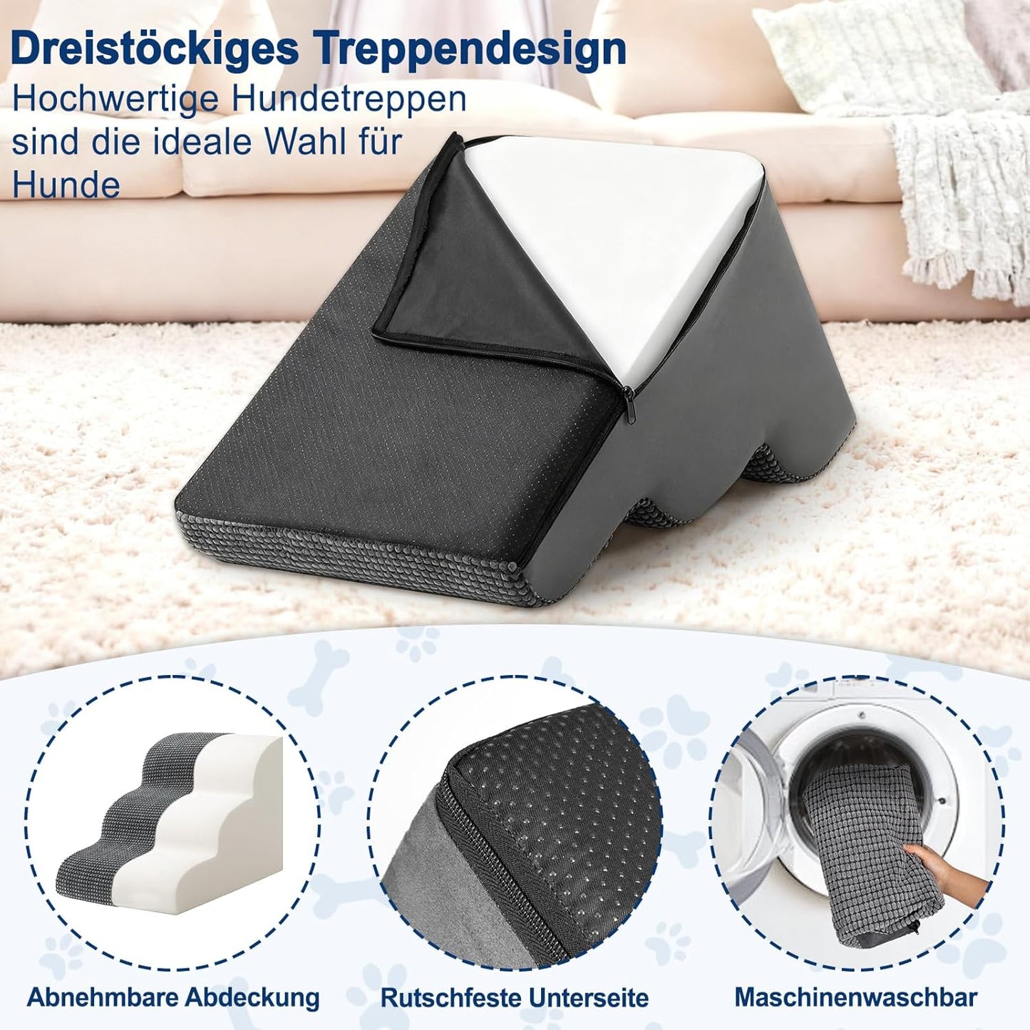Haustiertreppe mit 3 Stufen, 3 Stufen Grau Hundetreppe