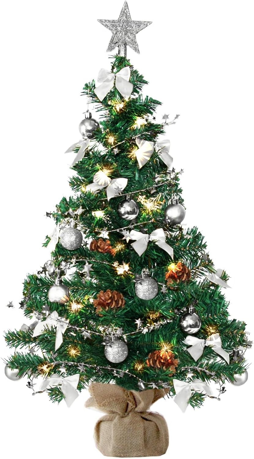 Künstlicher Weihnachtsbaum mit Deko & LED-Lichtern, 90 cm / Grün-silber-braun+warmweiss