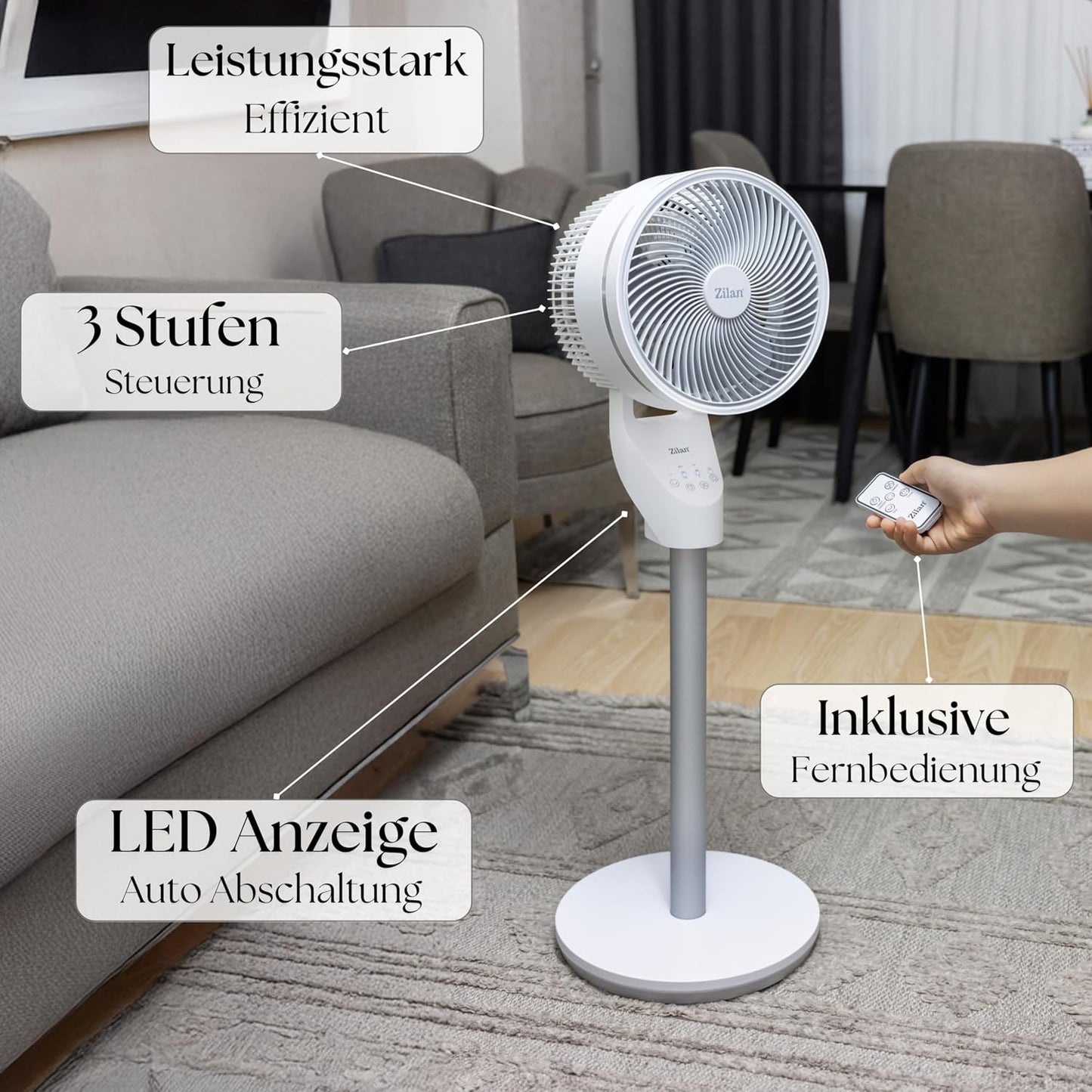 Leiser Standventilator mit Fernbedienung und Timer, Weiss mit Fb