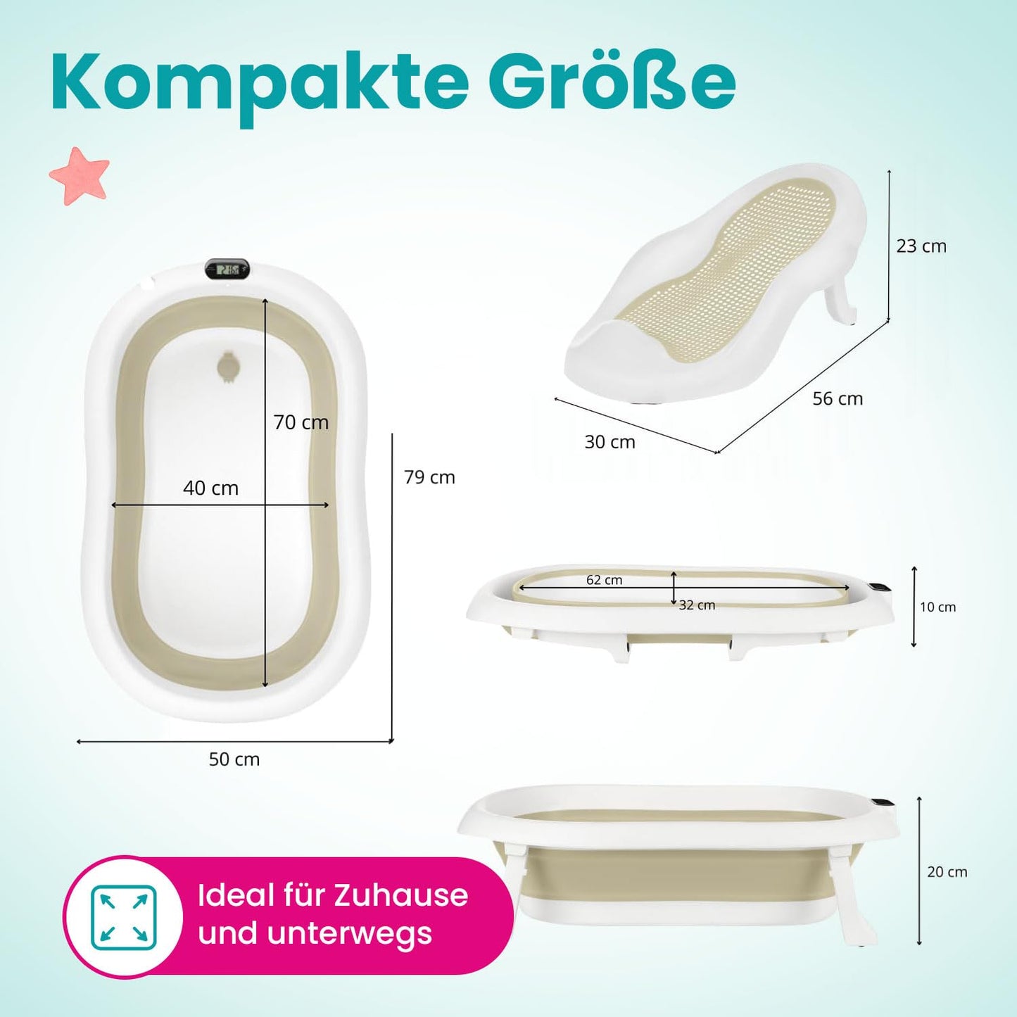 Faltbare Babybadewanne mit Badesitz und Thermometer, Premium Beige (Gestell, Badesitz, Thermometer) Faltbare Babybadewanne mit Gestell