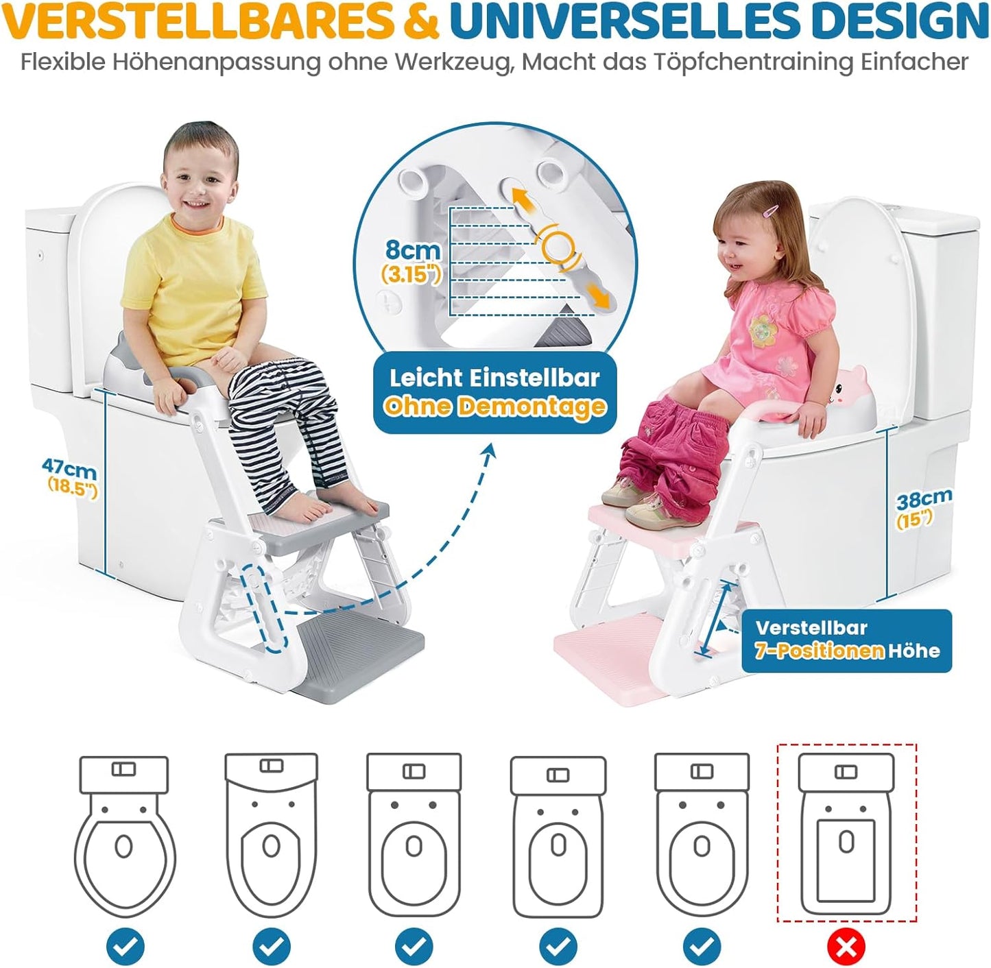 Toilettensitz Kinder mit Treppe und Spritzschutz, Grau