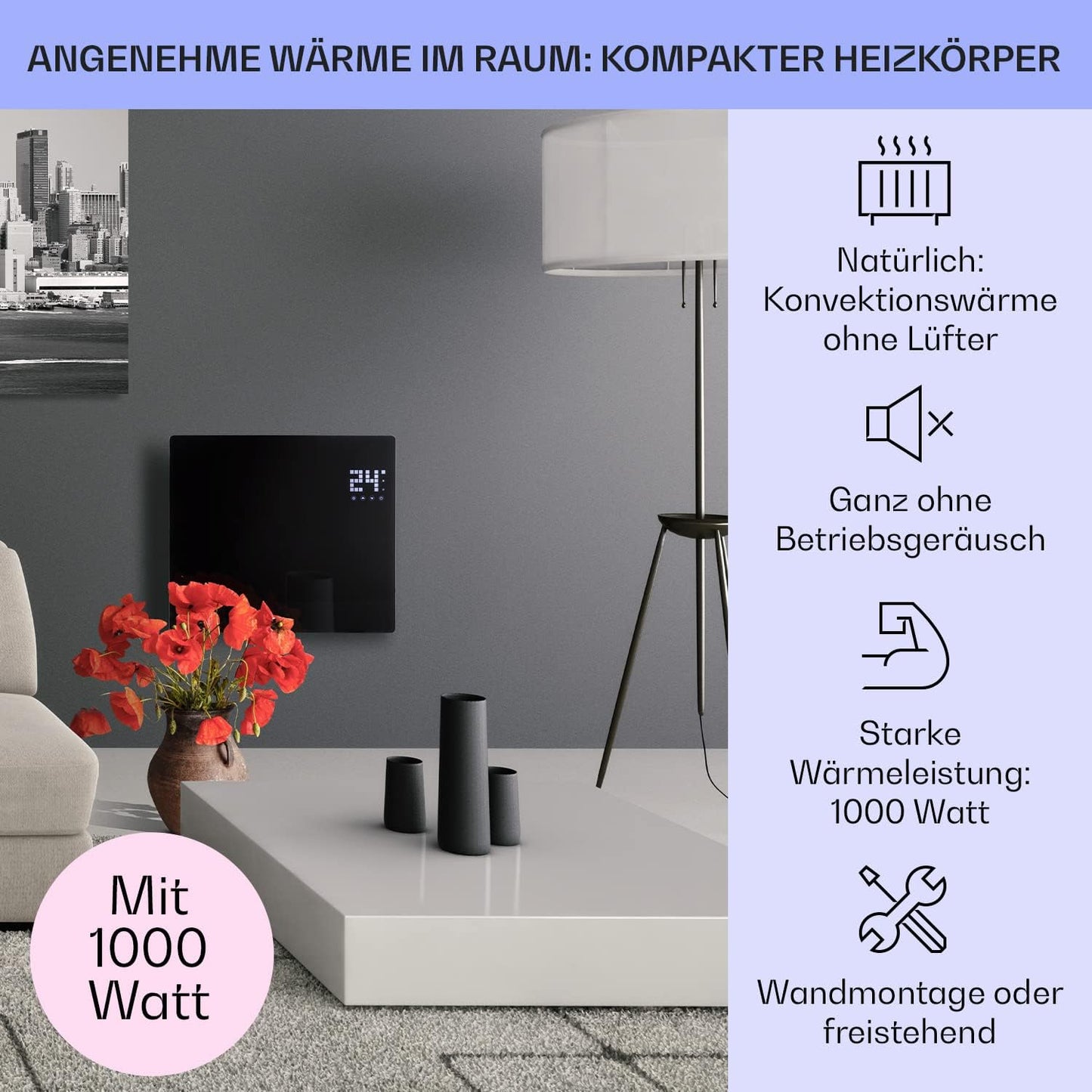 Elektroheizung mit Bodenrollen, Schwarz ; Bornholm Single