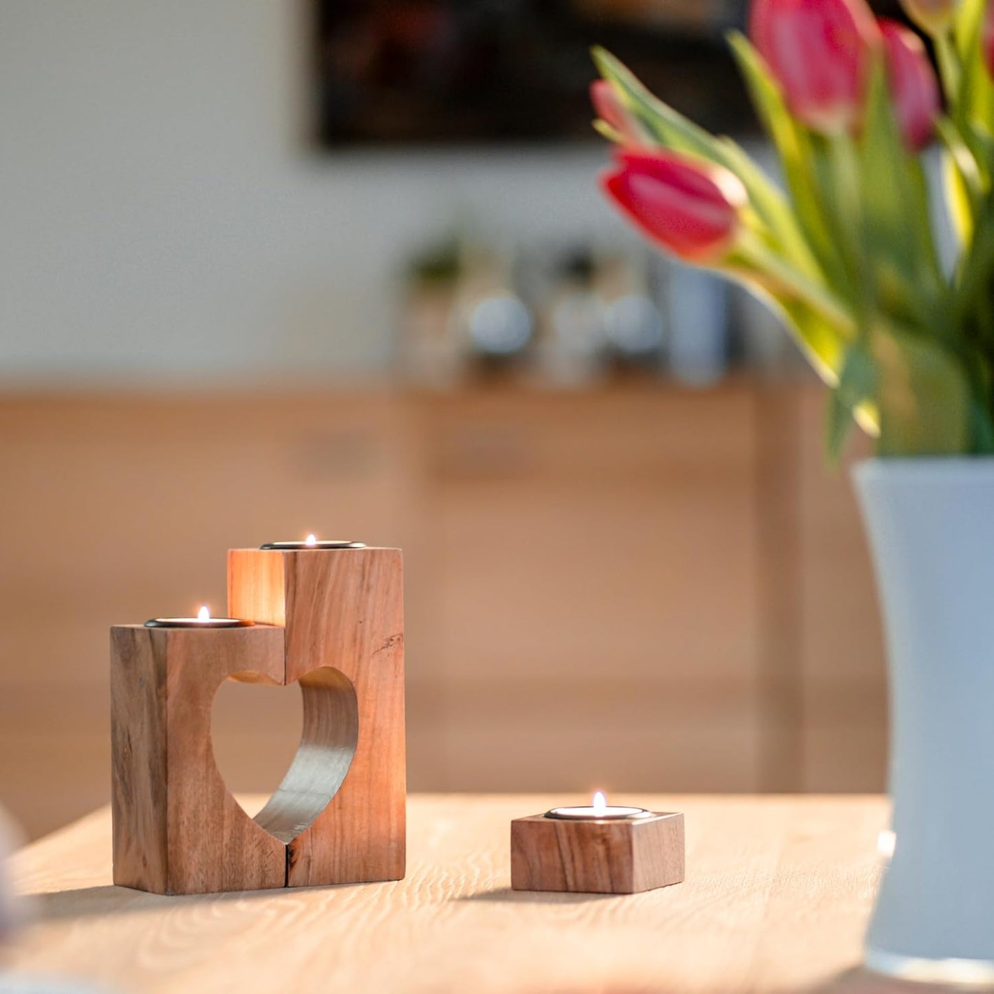 Herz Teelichthalter 3er Set aus Akazienholz, Braun