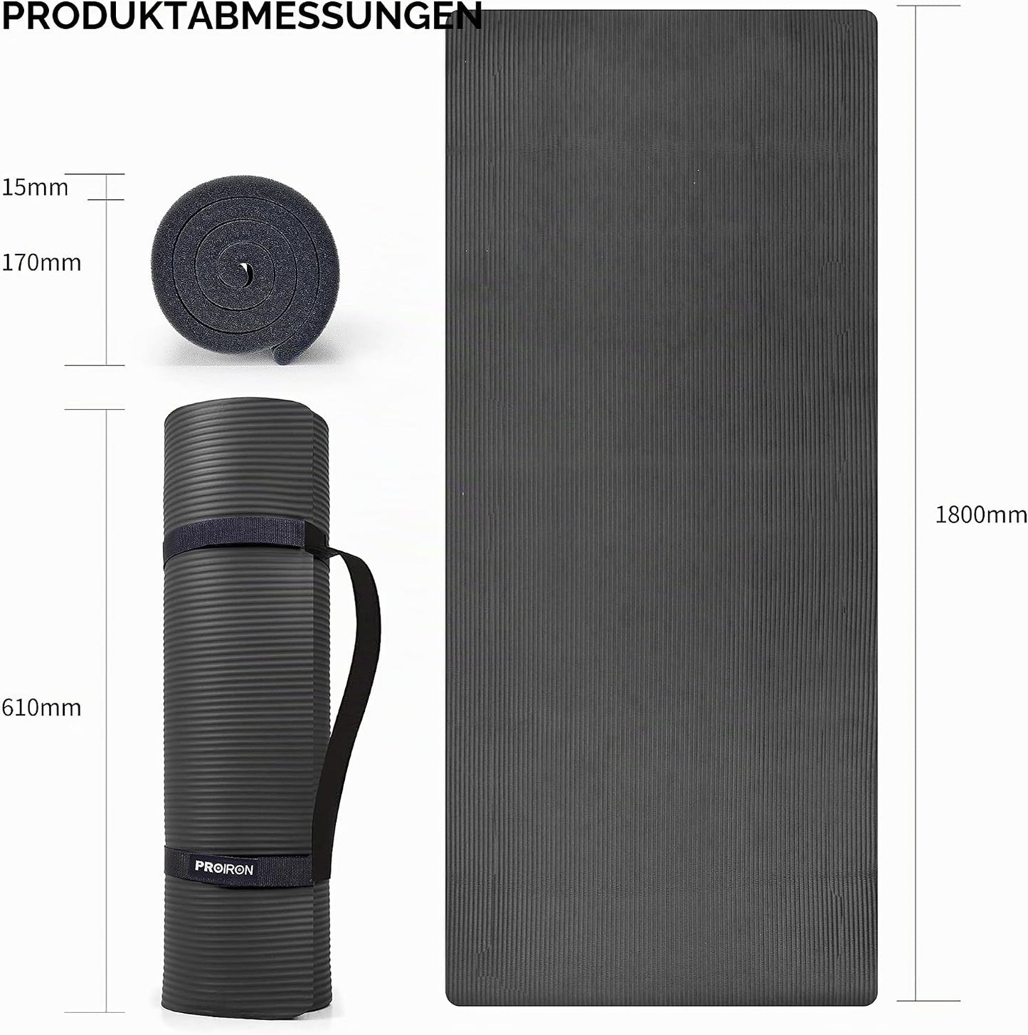 Gymnastik und Yogamatte rutschfest, Schwarz-183x66x1,5cm