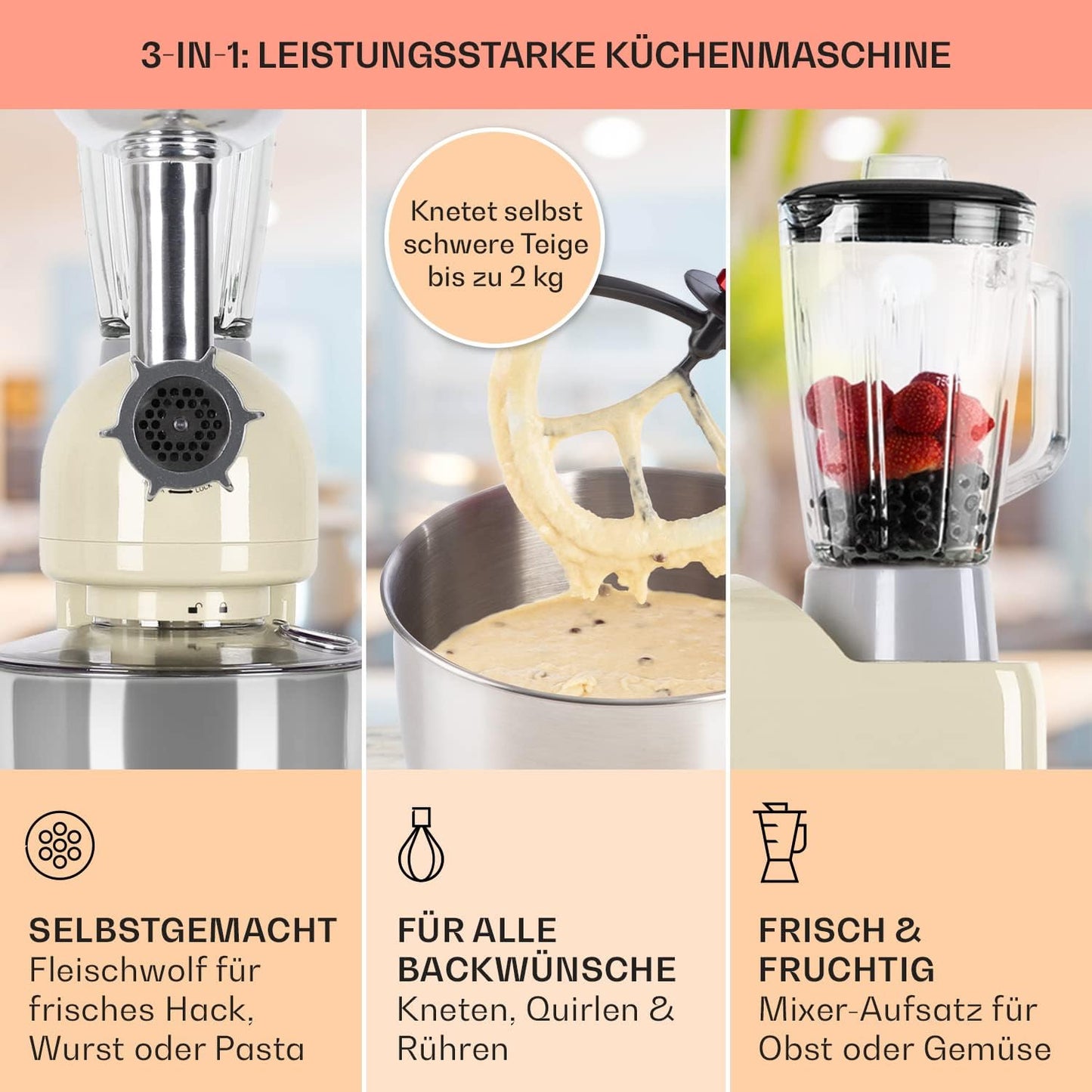 Universalküchenmaschine mit Knetmaschine, Fleischwolf & Mixer, Classic Creme