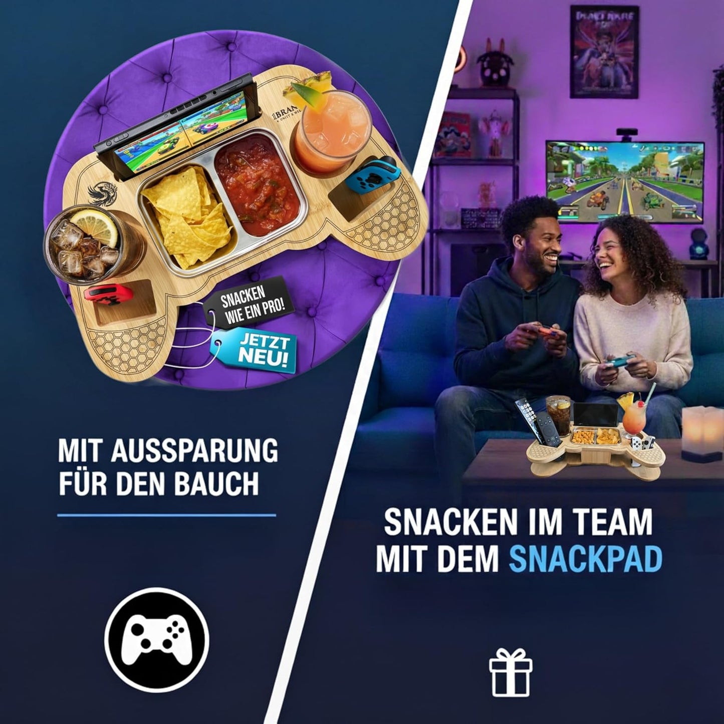 SnackPad Couchbar im Controller-Design für Gamer, Bambus