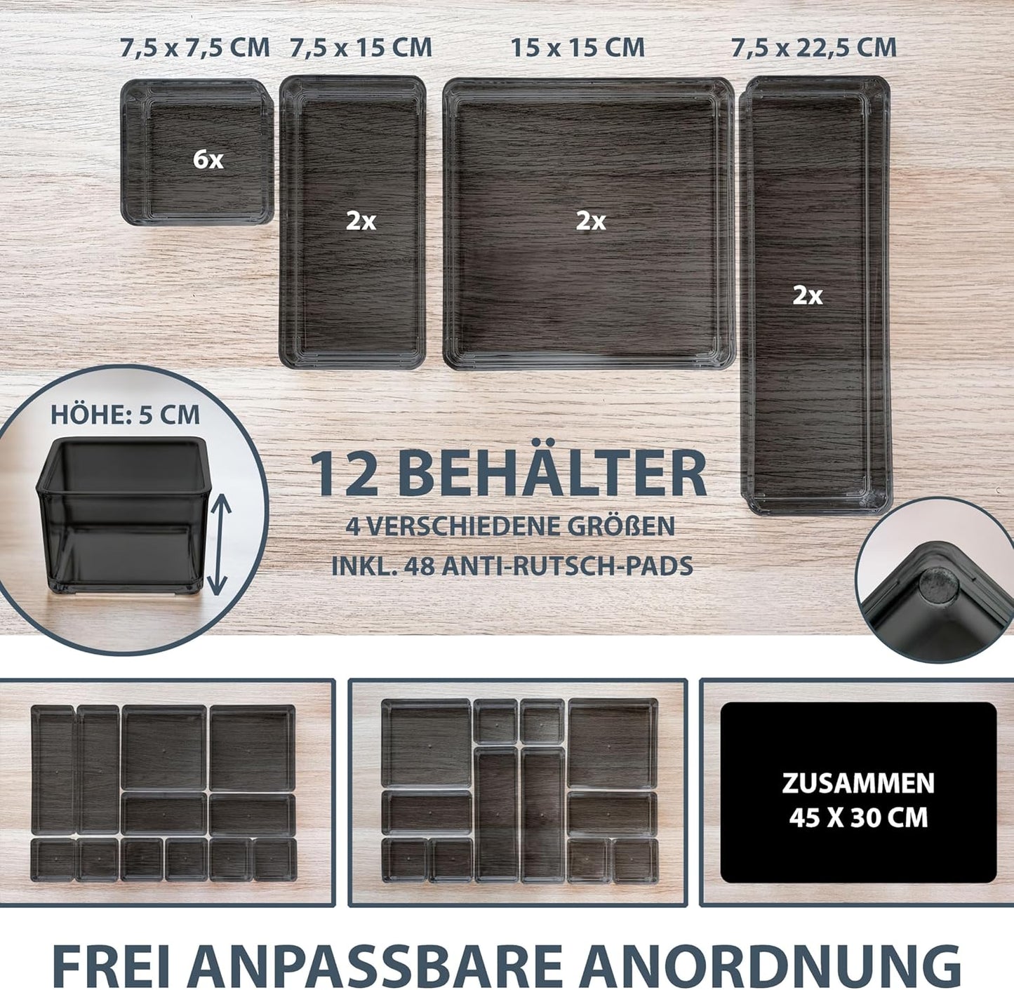 12-teiliger Schubladen-Organizer, Schwarz Transparent-12stück