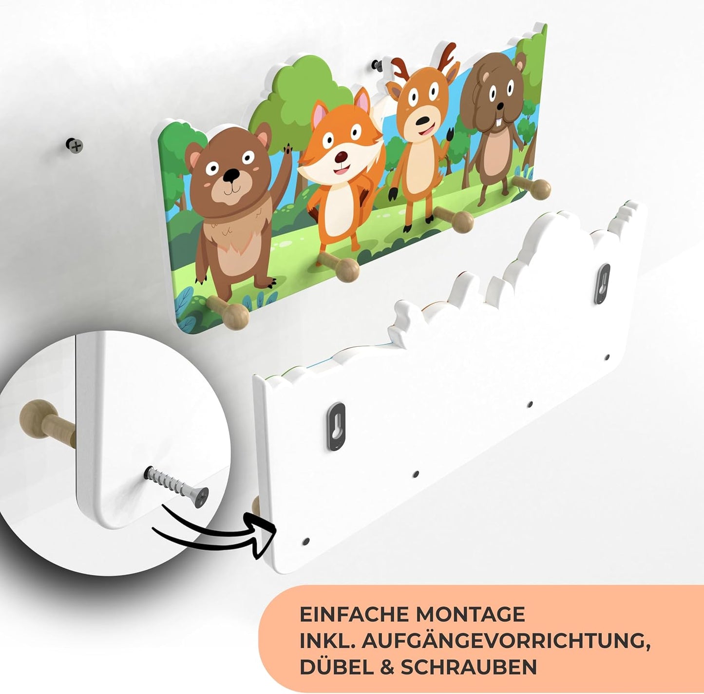 Kindergarderobe aus Holz mit 4 Haken (Wald-Design), Wald