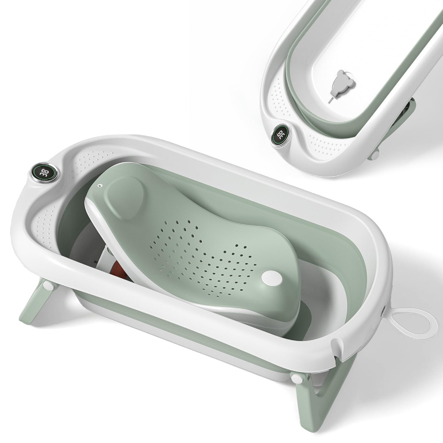 Faltbare Baby-Badewanne mit Badethermometer, Babywippe GRÜN