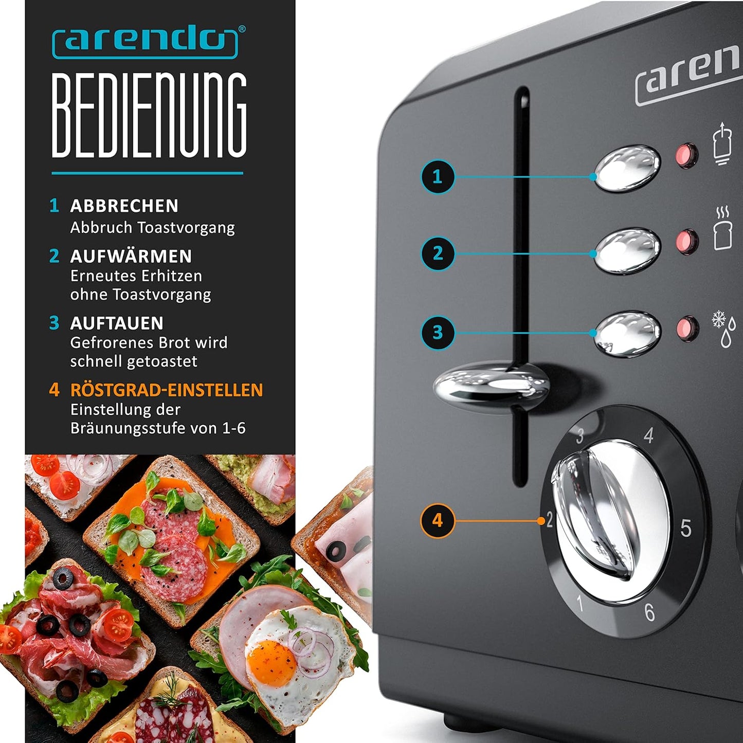 Breakfast X2 Toaster für 4 Scheiben, mit Auftau- Aufwärm- und Stoppfunktion, B: Schwarz