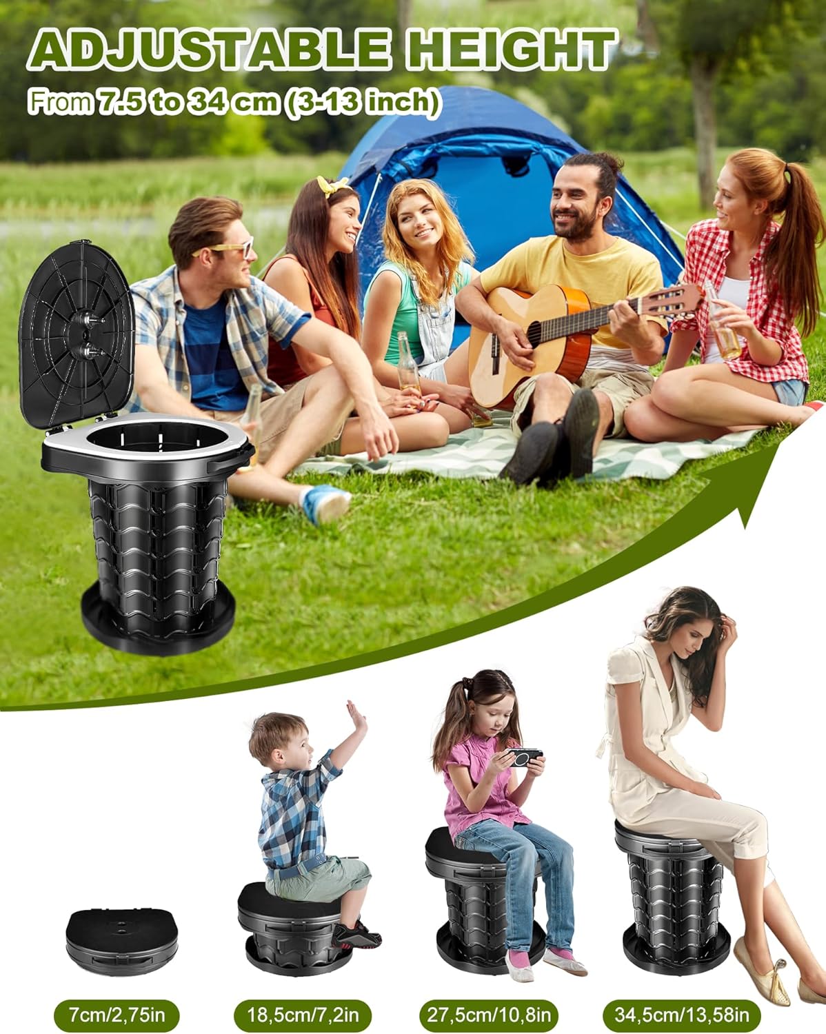 Faltbare Campingtoilette mit Toilettenbeutel, Schwarz