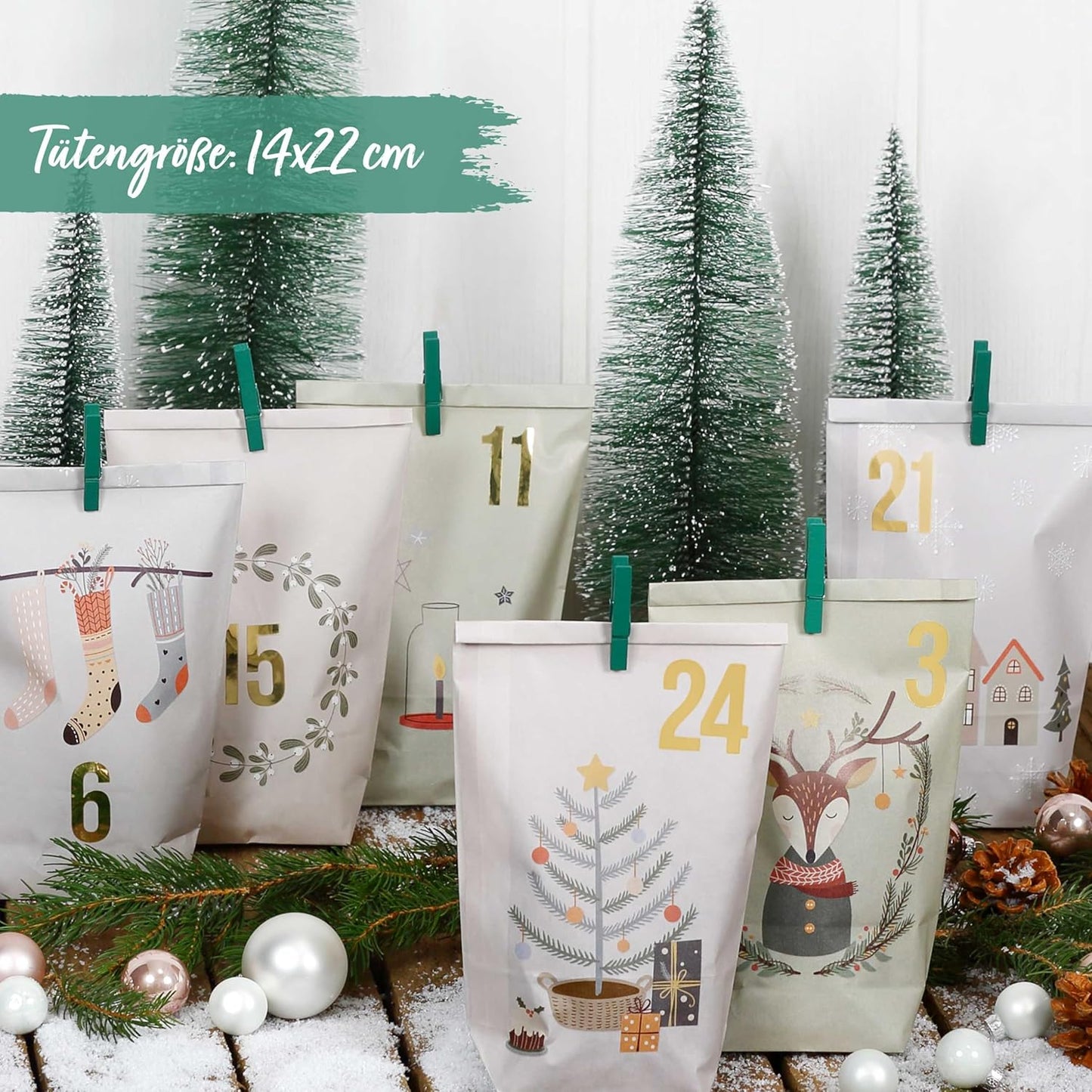 Adventskalender DIY-Set, 24 Geschenktüten, Motiv Hygge, Pastell