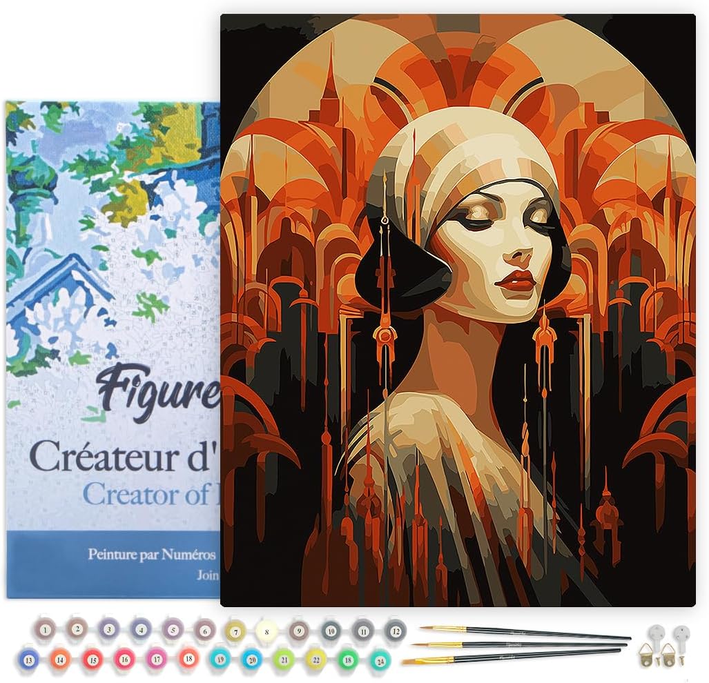 Malen nach Zahlen Set Art-Deco-Frau, Art-Deco-Frau 40x50cm Mit Rahmen (bereits gespannt)