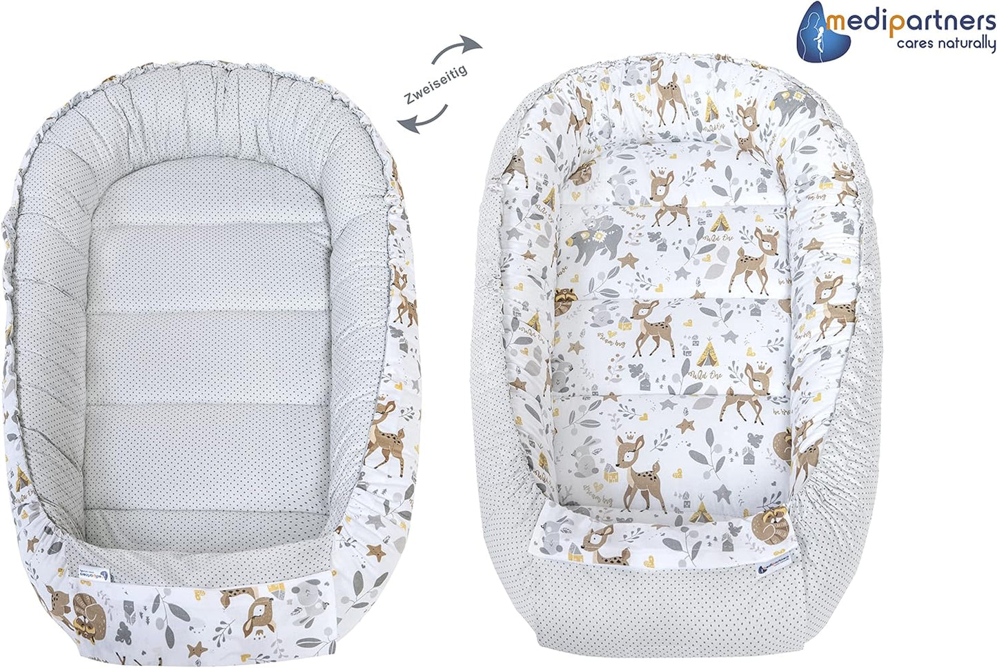 5-teiliges Babynest-Set, Reh mit Grauem Minky