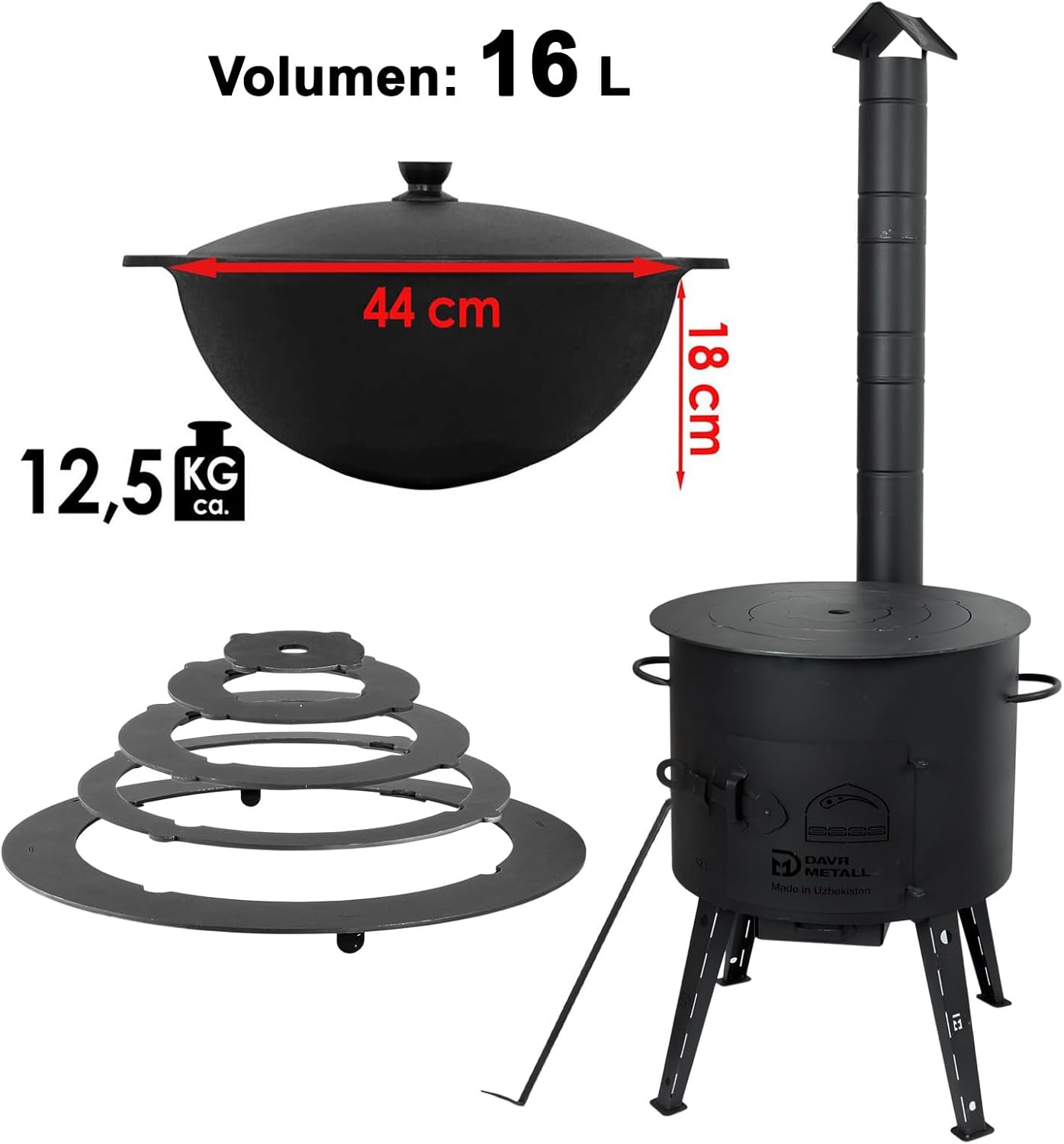 Utschak Campingofen mit Kazan, Adapter-Ringe, Wok 16 L