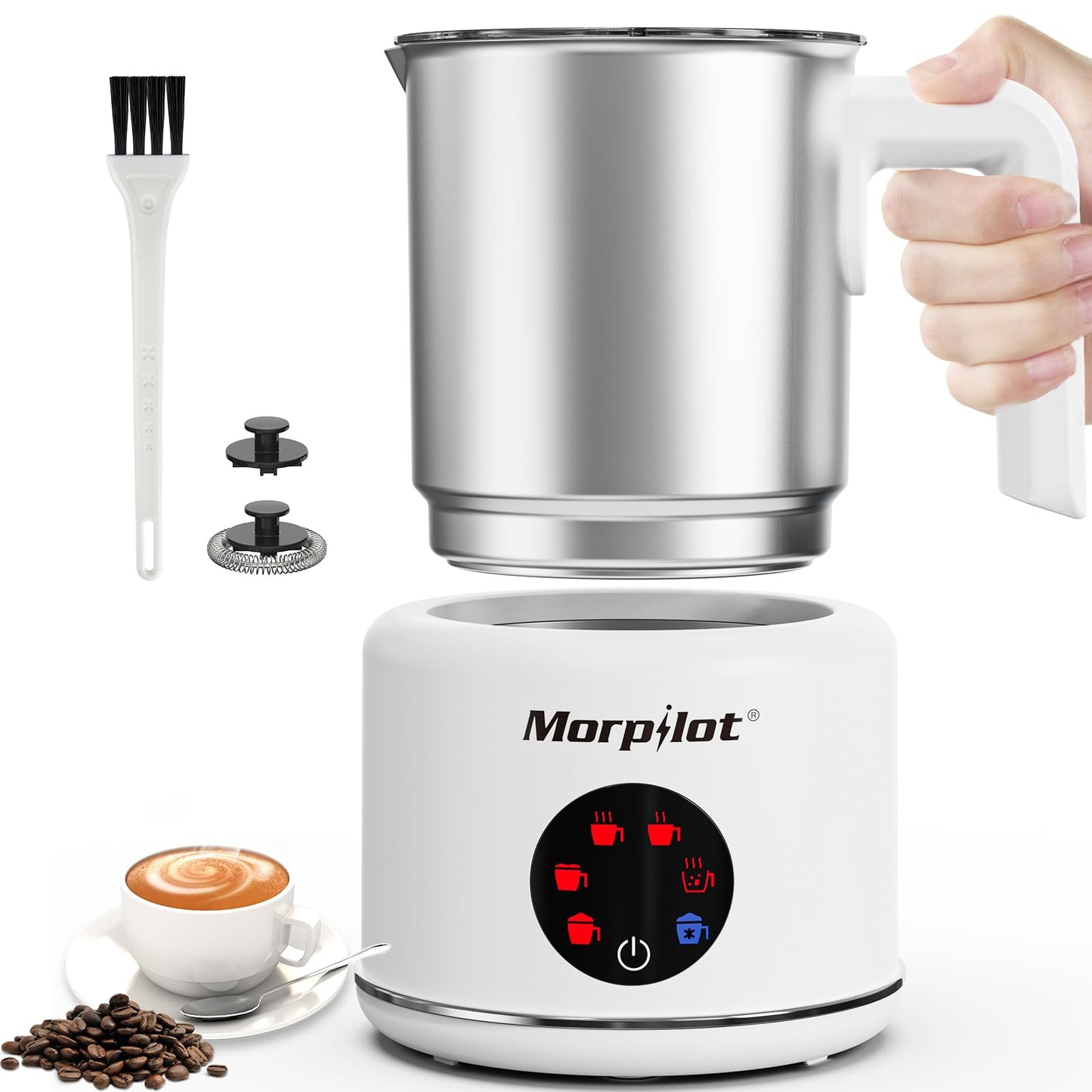 Elektrischer 6-in-1 Milchaufschäumer 500ml, spülmaschinenfest, Edelstahl Weiss