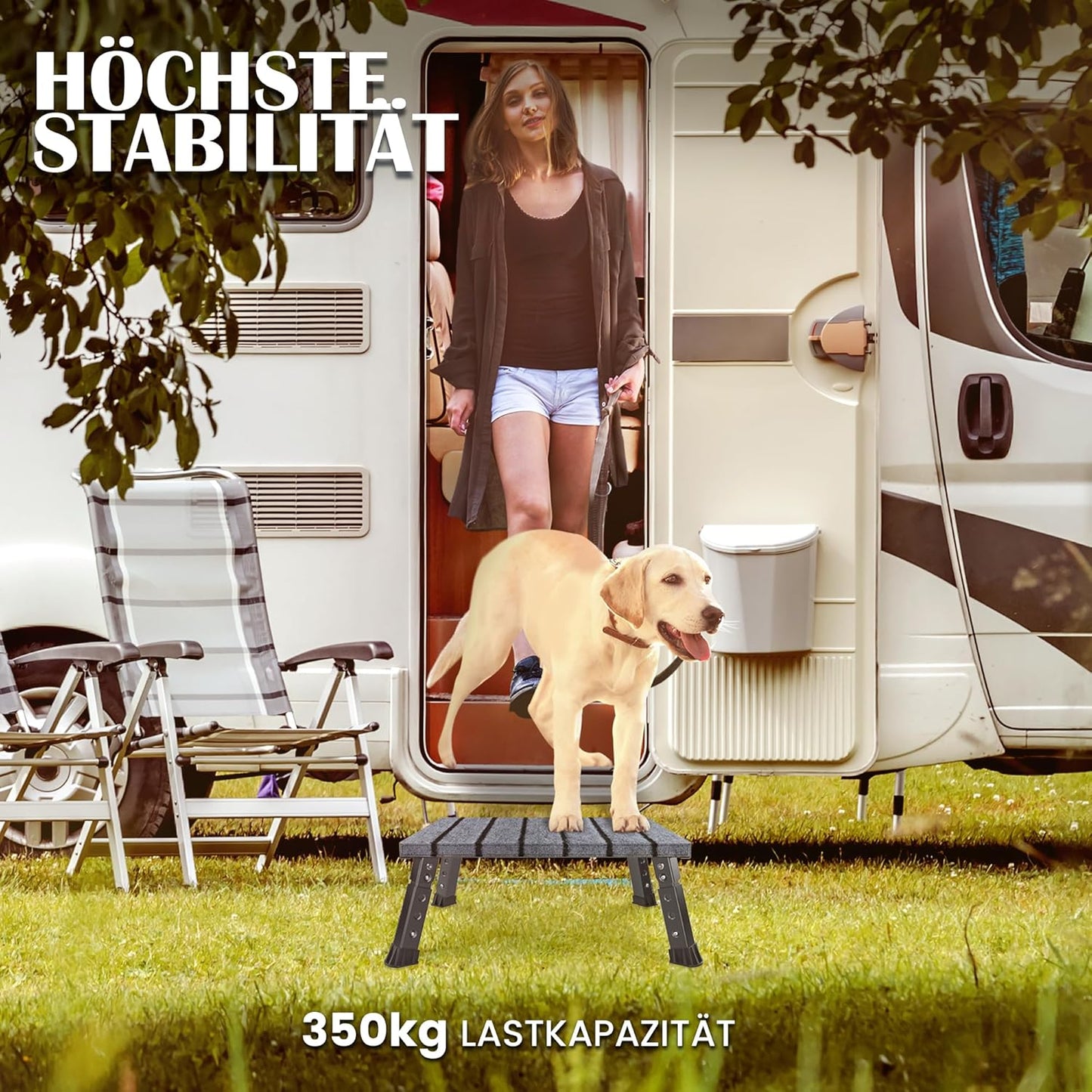 Klappbarer Hocker Höhenverstellbar mit Anti-Rutsch 350 kg, Mit Teppichbezügen / Schwarz