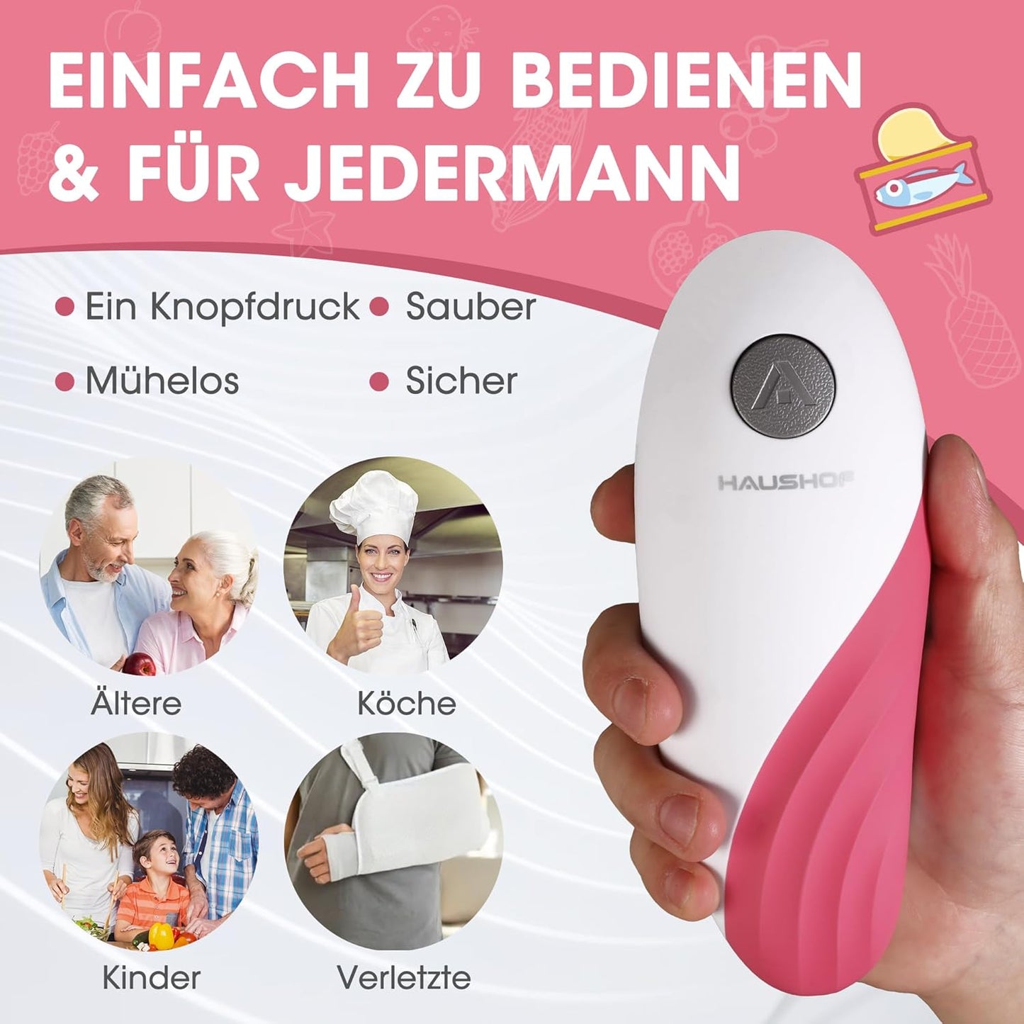 Elektrischer Dosenöffner mit Automatikfunktion, Rosa