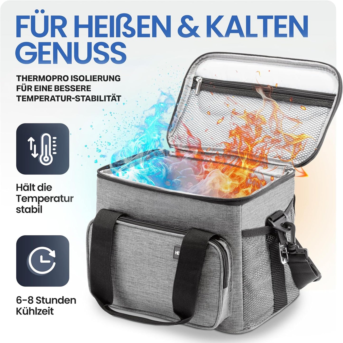 Faltbare Kühltasche mit Flaschenöfffner, wasserdicht & auslaufsicher, 10L (L29 x B20 x H22 cm) Hellgrau