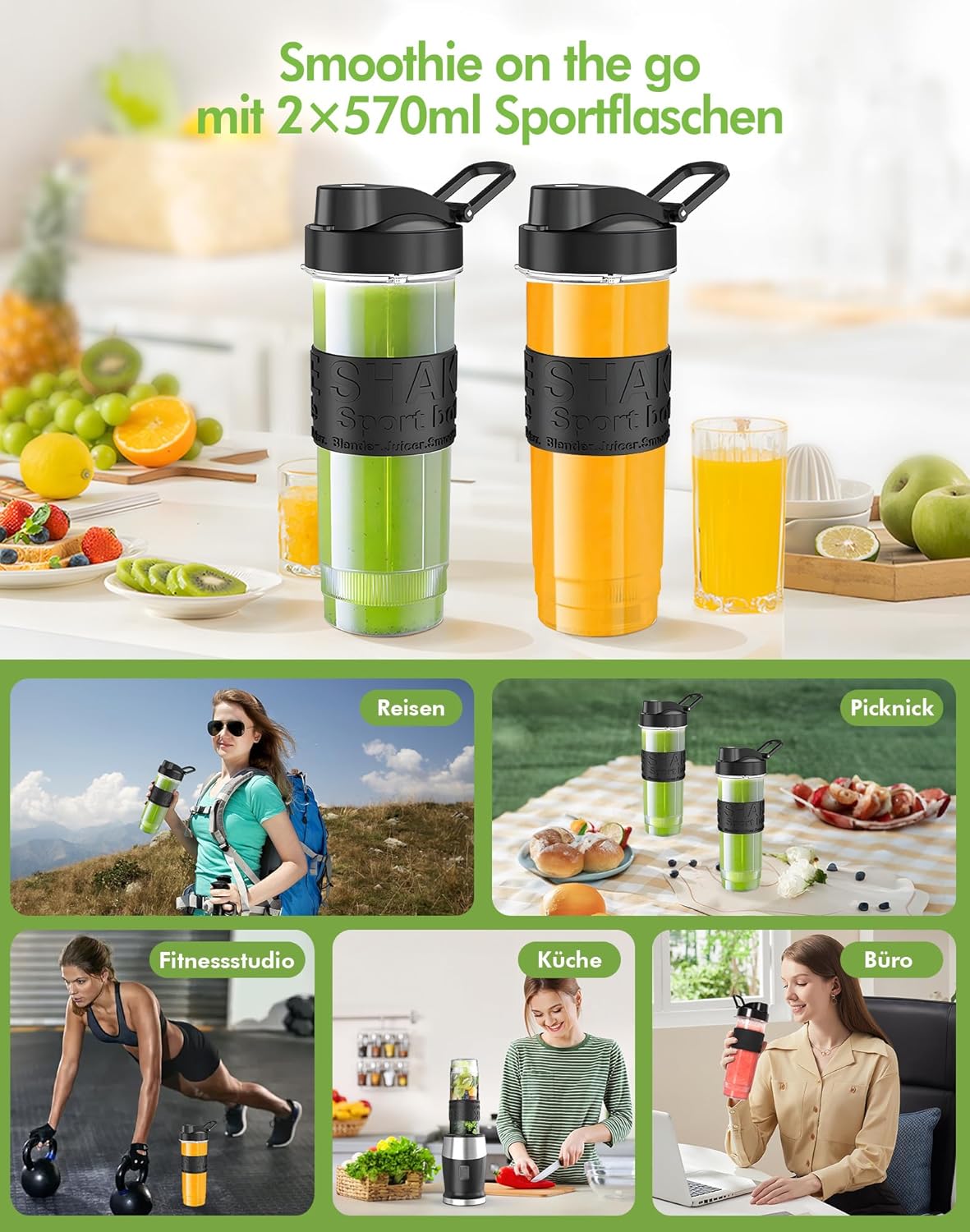 Standmixer, Smoothie-Maker mit 2 Trinkflaschen