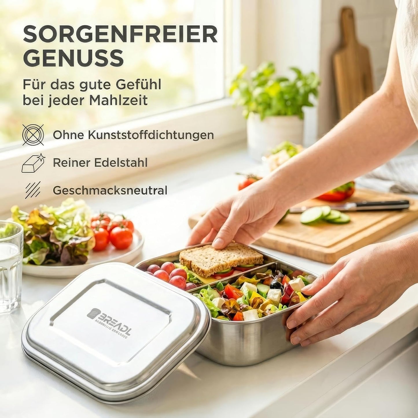 Edelstahl Brotdose, 1400ml / 3 Fächer Edelstahl