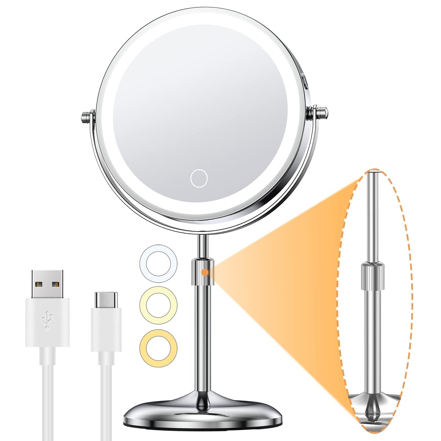 Wiederaufladbarer Schminkspiegel mit LED-Licht und Vergrösserung, Chrom
