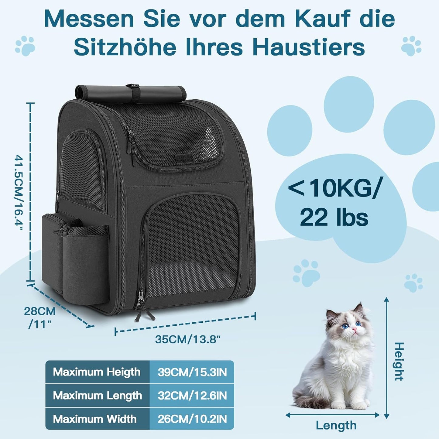 Hunderucksack bis 10 kg mit Netzfenster, Schwarz