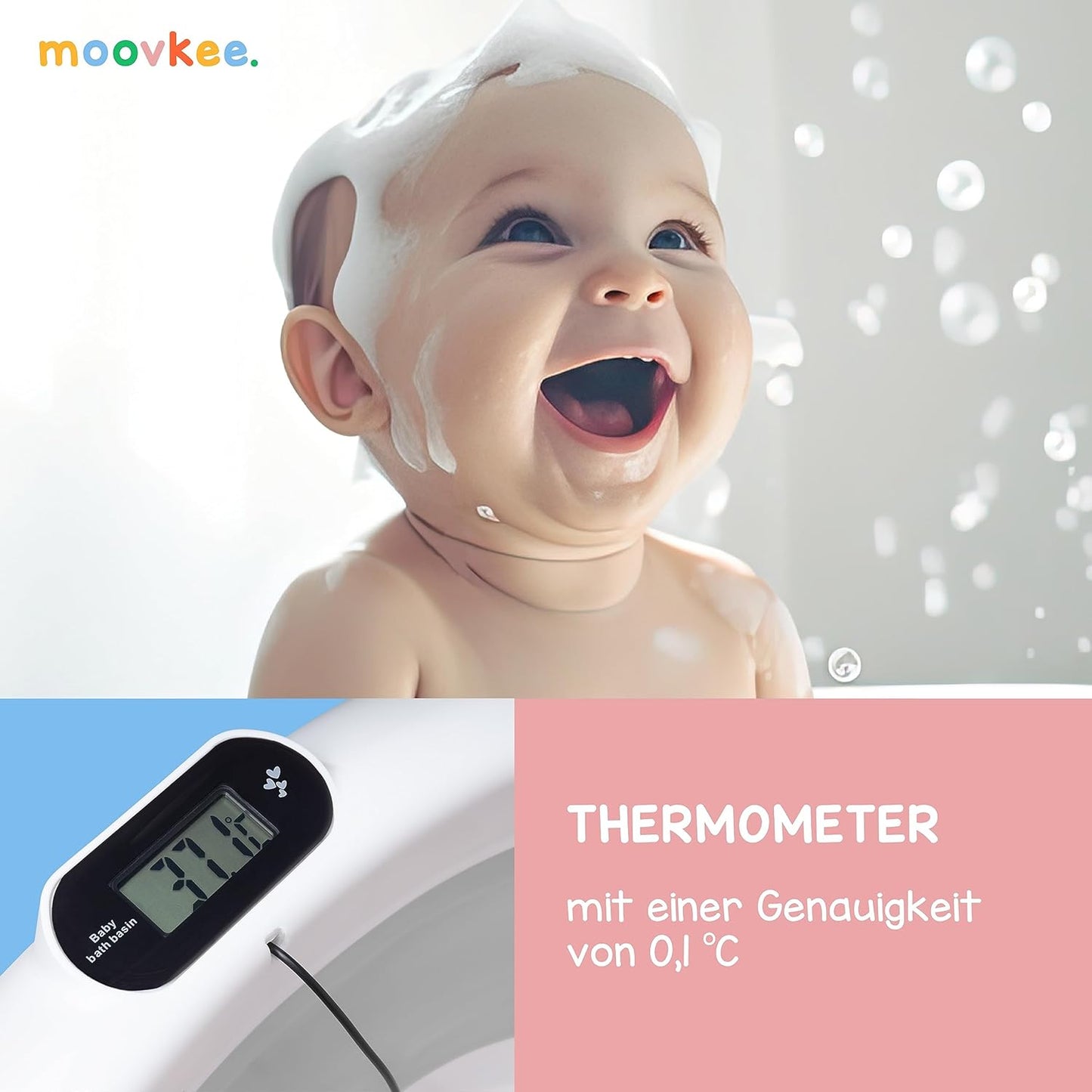 Faltbare Babybadewanne mit Thermometer und Kissen, Grau 21cm Höhe - Faltbare