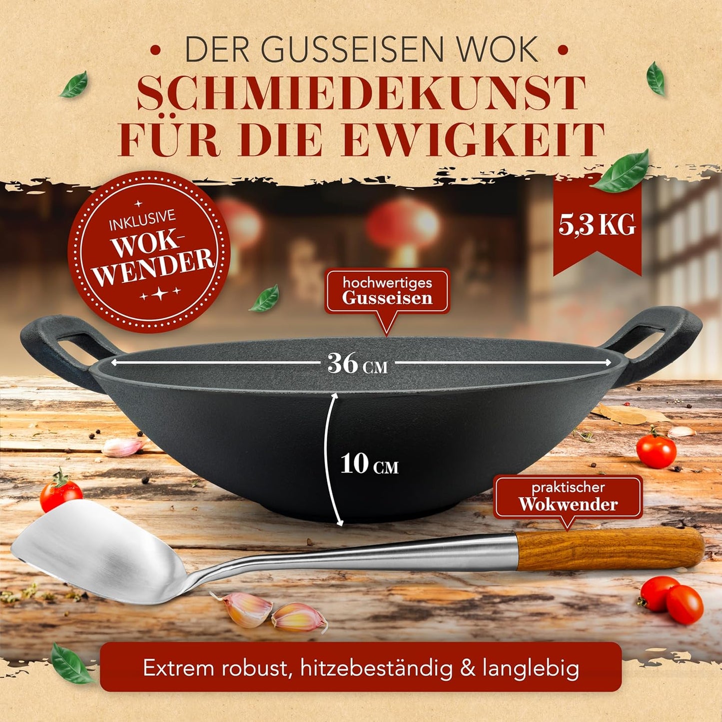 Wokpfanne mit Wokkelle, Induktionsgeeignet, 36cm Gusseisen