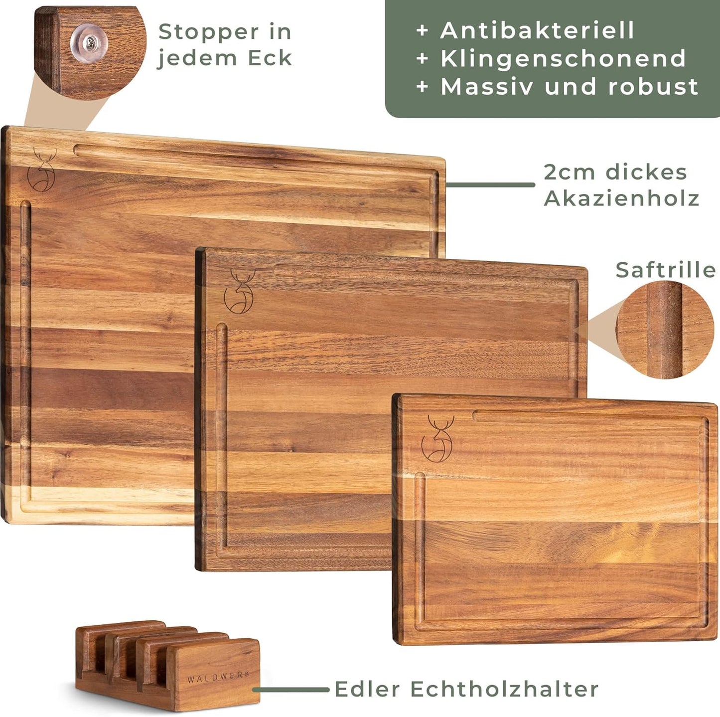 3-teiliges Schneidebrett-Set mit Brettständer, 3 Bretter Akazie