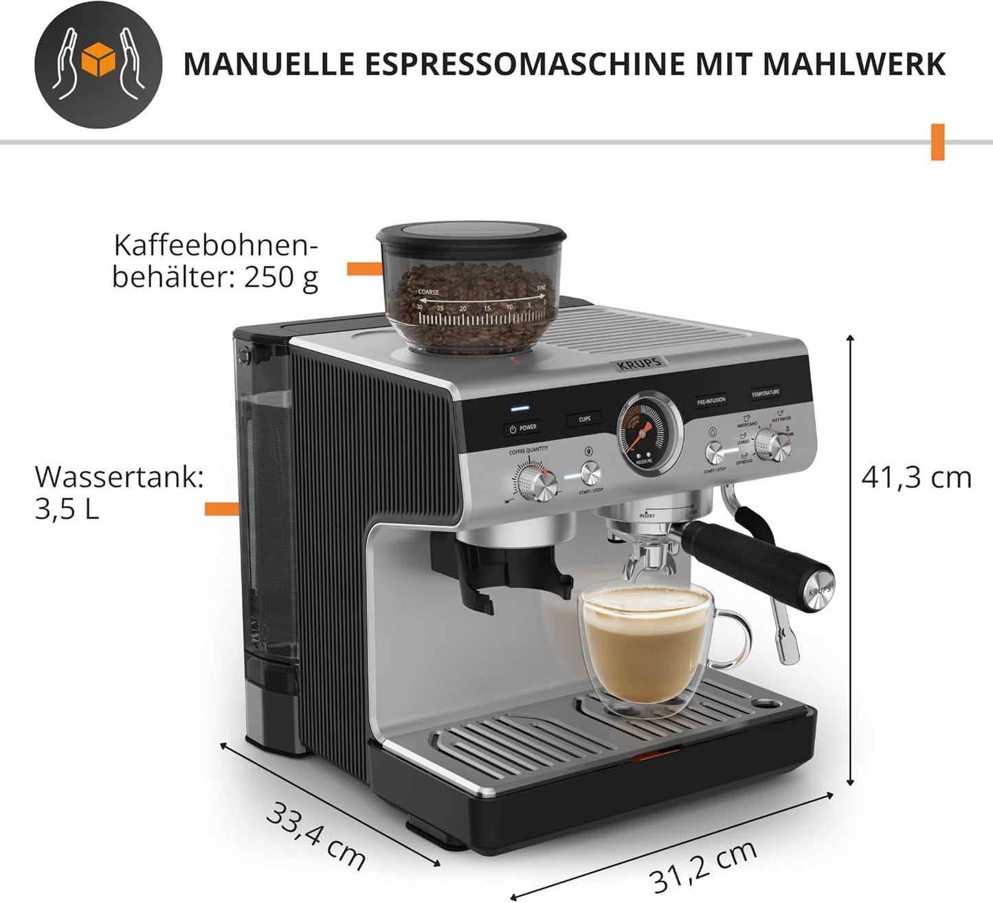Siebträgermaschine mit Mahlwerk und Dampfdüse, Precision manuelle Siebträgermaschine mit Mahlwerk