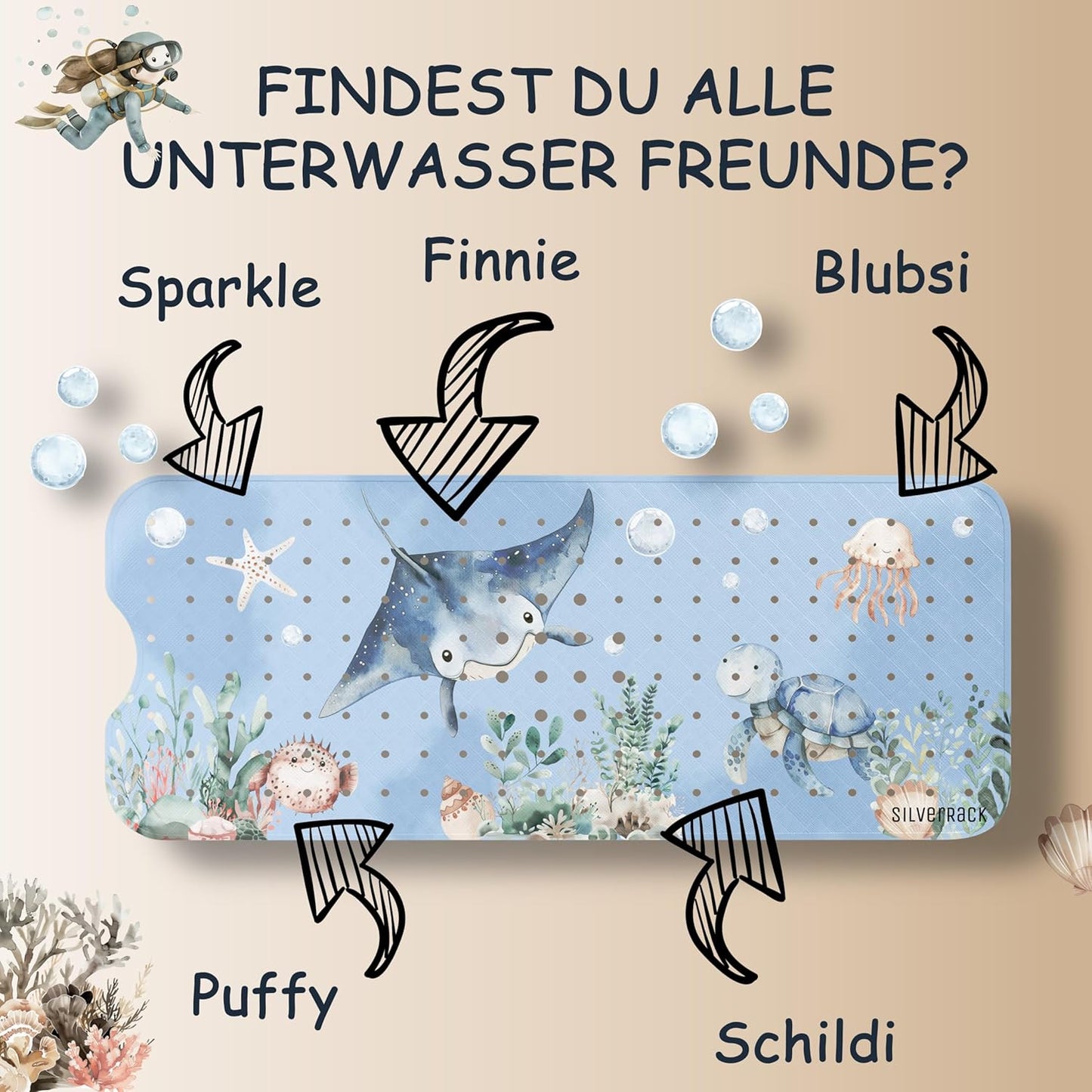 Antirutsch Badewannenmatte Kinder, 100 x 40 cm (Rechteckig) Rochen Unterwasserwelt Blau