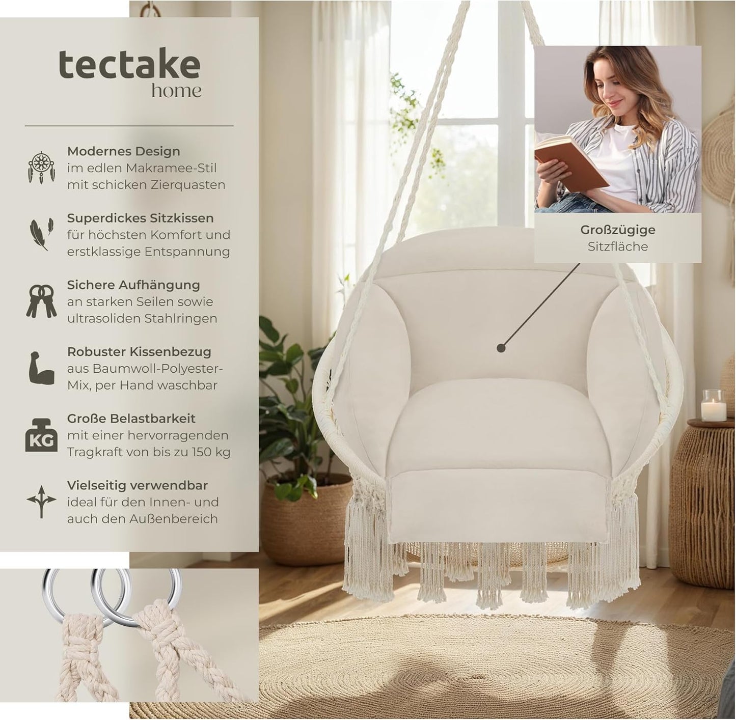 Hängesessel Samira mit Gestell & Kissen, Boho-Stil 80 cm, Beige