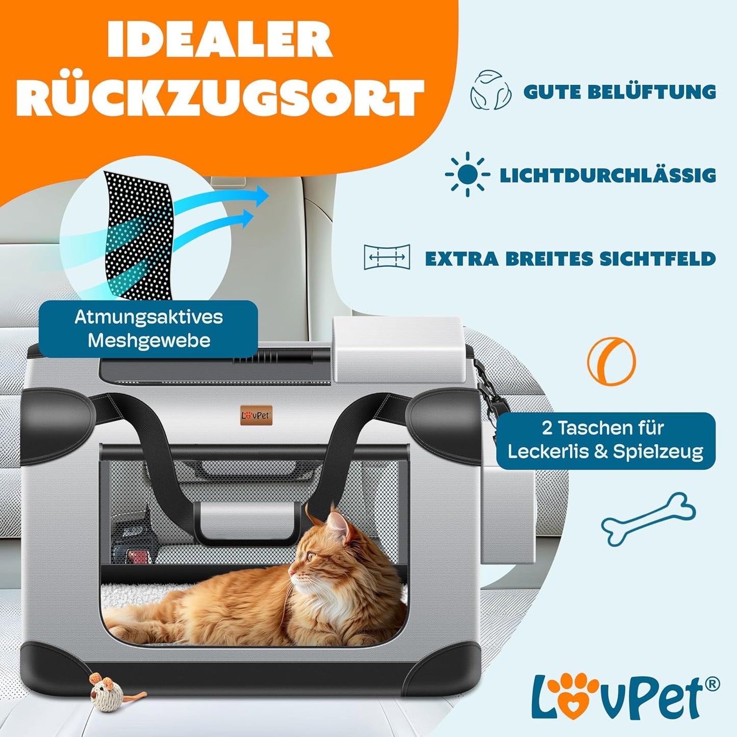 Transportbox für Haustiere inkl. Napf & Schultergurt, XL Hellgrau