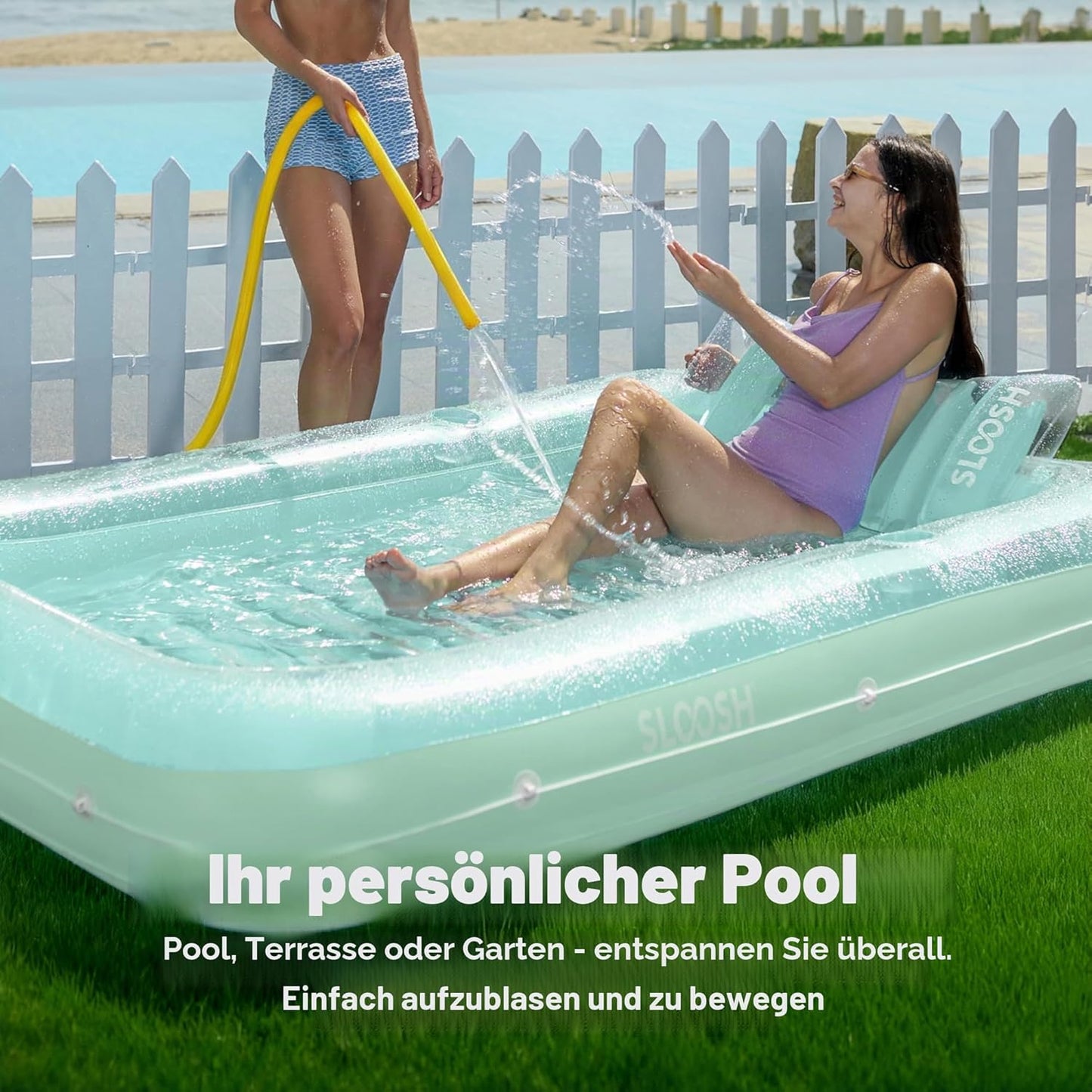 Aufblasbarer Sonnenpool mit abnehmbarem Kissen und Getränkehalter, Cyan XL