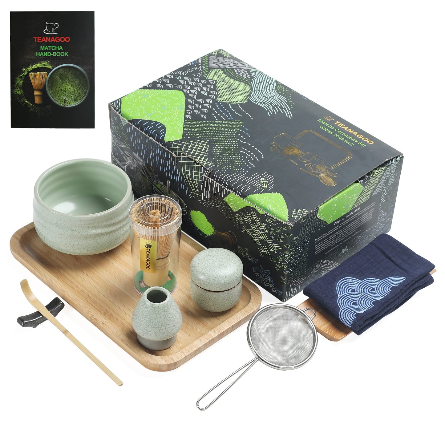 Komplettes Matcha-Zubehörset, normale Schüssel Hellgrün mit Schwarzer Linie