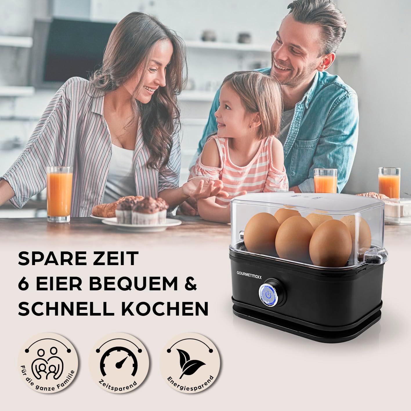 Eierkocher für 6 Eier mit Härtegradeinstellung, 6 Eier Schwarz