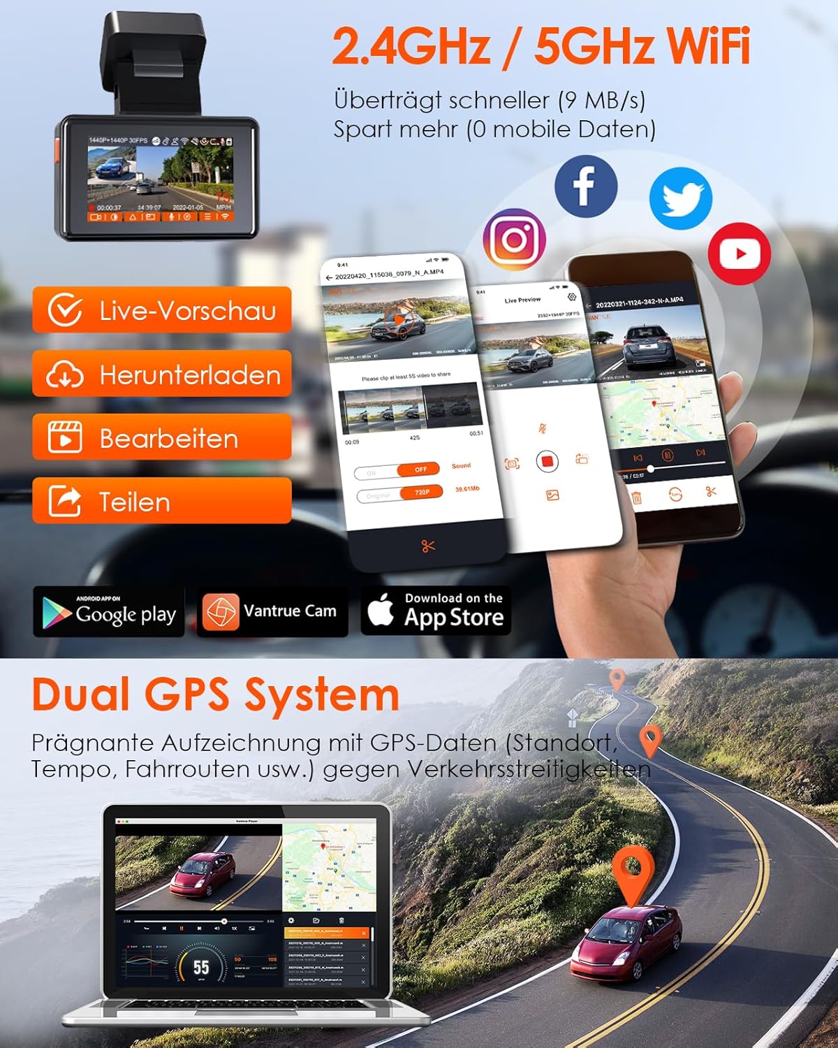 Dashcam E2 Dual-Kamera mit 2.7K Auflösung und GPS